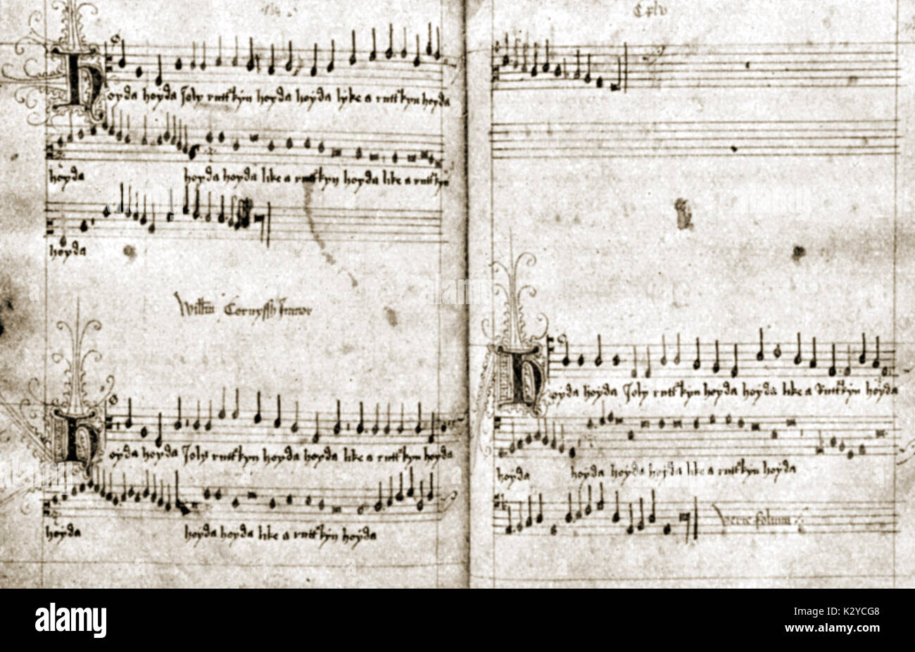 CORNYSH, William punteggio per 3 parte canzone - 'Hoyda Jolly Rutterkin' , c.1500, nella notazione mensural. Compositore Inglese, 1465-1523 Foto Stock