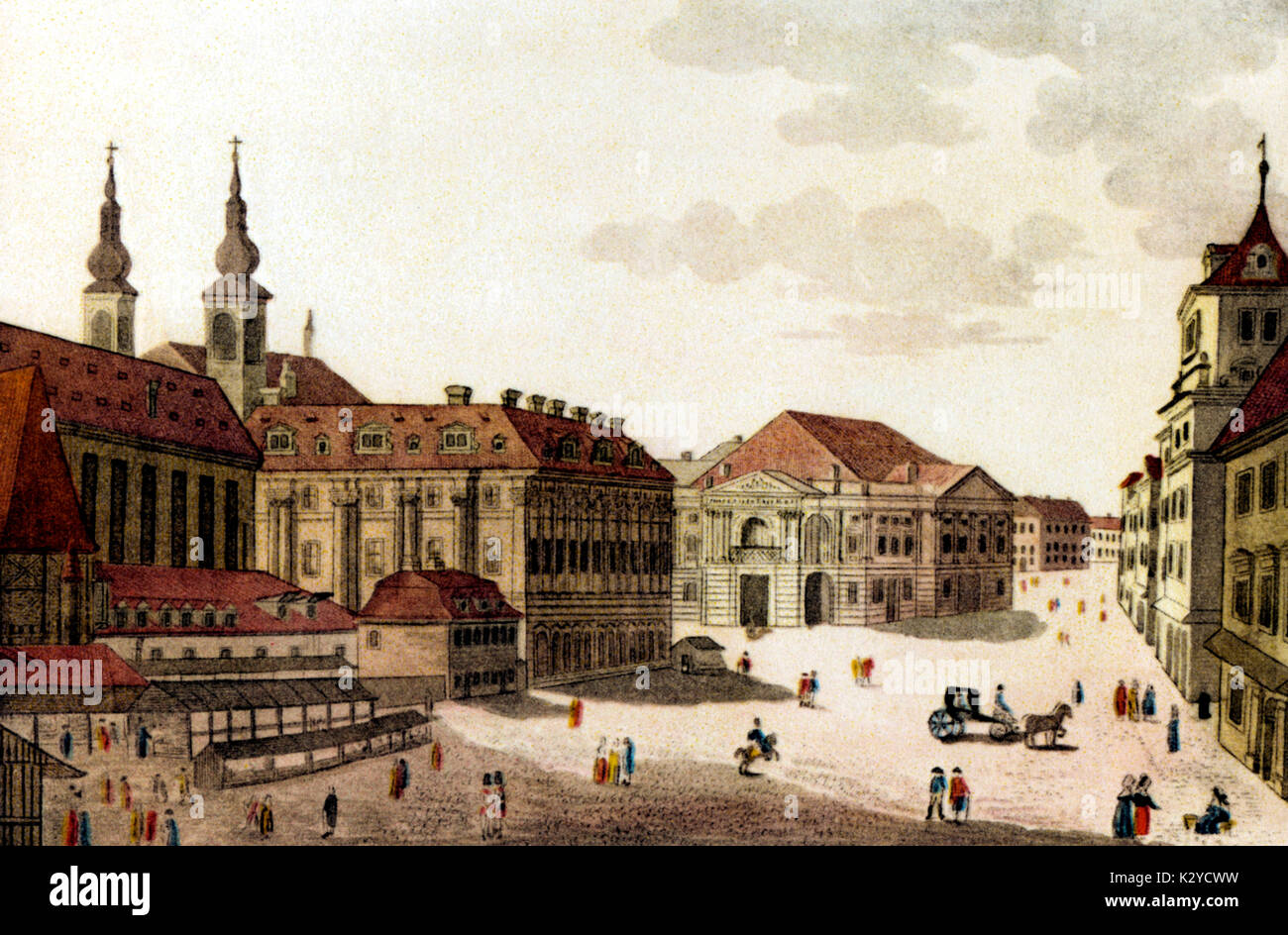 Teatro Nazionale di Praga (Nostitzsche) dove Mozart del 'Dsu Giovanni" è stato il primo mostrato il 29 ottobre 1787. Incisione colorata da L. Penchert. Foto Stock