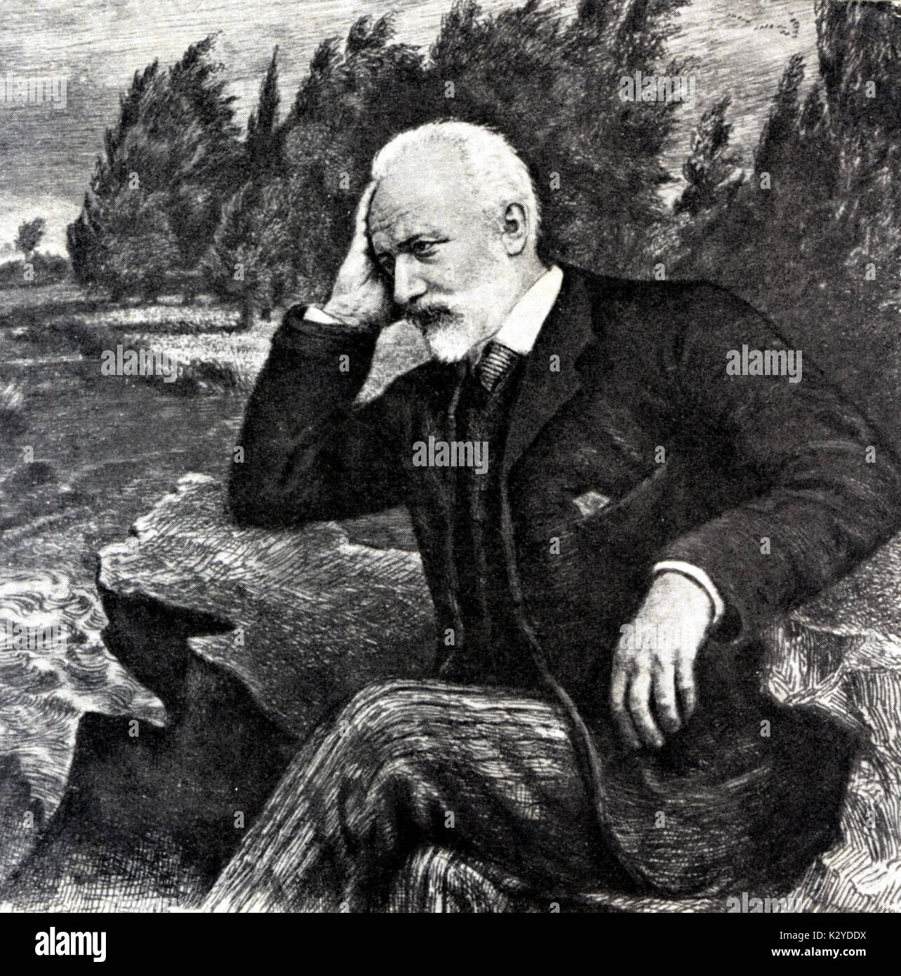 P I Tchaikovsky seduto, da una foresta. Il compositore russo 1840-1893 Foto Stock