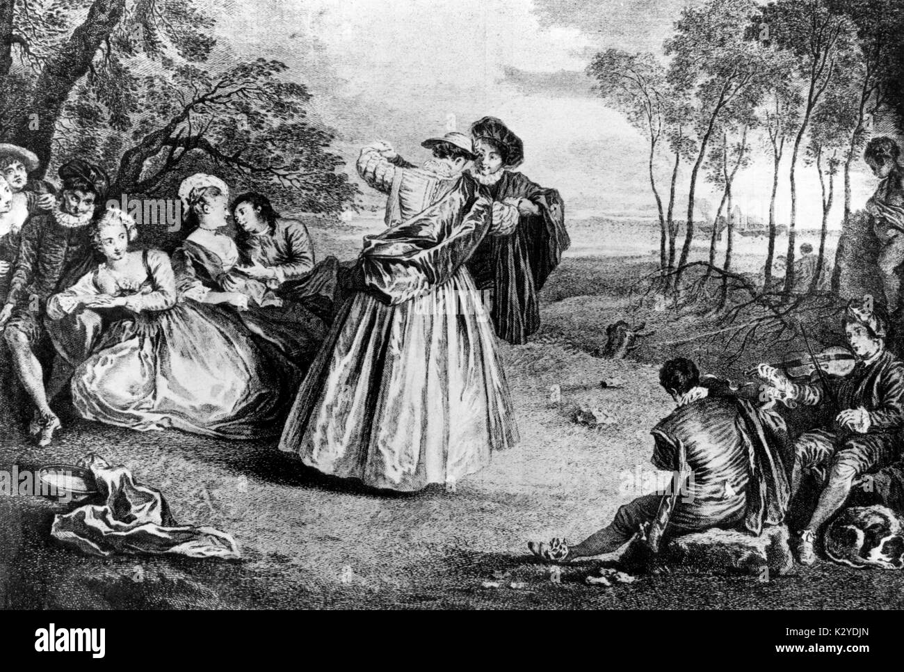 Danza - BAROCCO - CONTREDANSE - 17thC musica sul violino. Il tamburello giacente sul terreno. Dopo pastorale Watteau Foto Stock