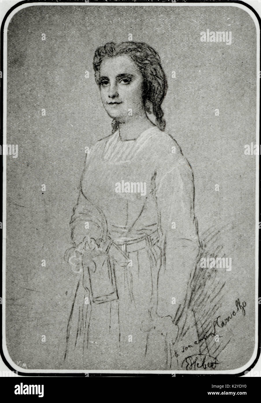 Marie Miolan-Carvalho creato il ruolo di Marguerite in Charles Gounod 's opera Faust. Premiered Theatre Lyrique, Paris 19 Marzo 1859. Soprano francese (1827-1895)- Disegno di Hebert Foto Stock
