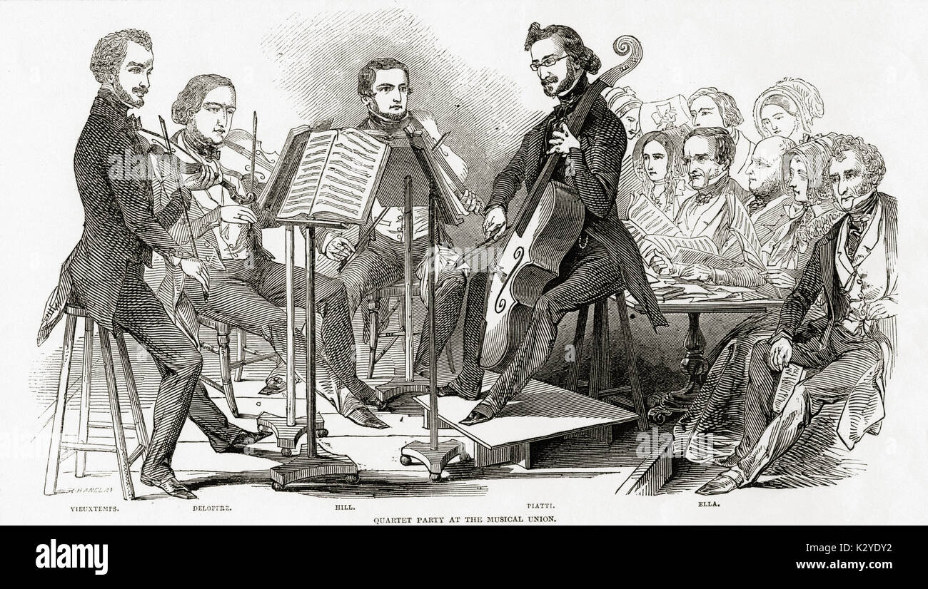 Henri Vieuxtemps giocando in quartetto a musica al Unione 1846 con DELOFFRE (VLA); HILL, Thomas H (Vln, 1828-1891); piatti, Alfredo (violoncello, 1822-1901); ELLA, Giovanni (1802-1888) in udienza il violinista belga, 1820-1881 Foto Stock