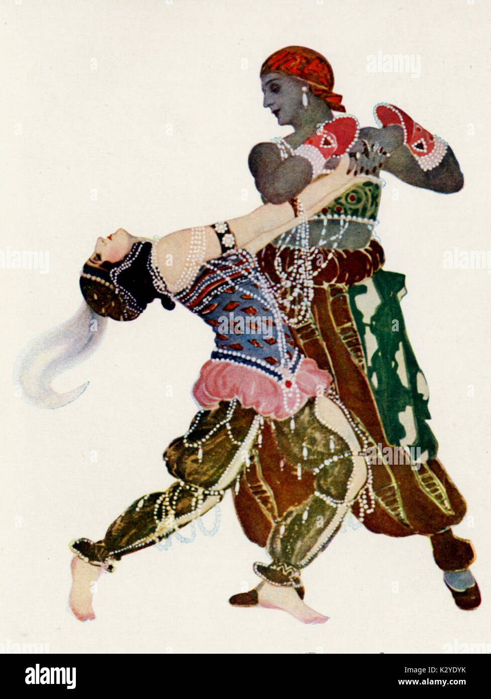 Rimsky-Korsakov's Sherazade. Disegno di costumi da Léon Bakst (1866-1924) per Ballet Russes de Diaghilev. Sherazade Sherazade insidia il sultano / Califfo con suoi racconti di 1001 Arabian Nights. Il compositore russo (1844-1908). Sheherazade . Il balletto Russe, Ballets Russes Foto Stock