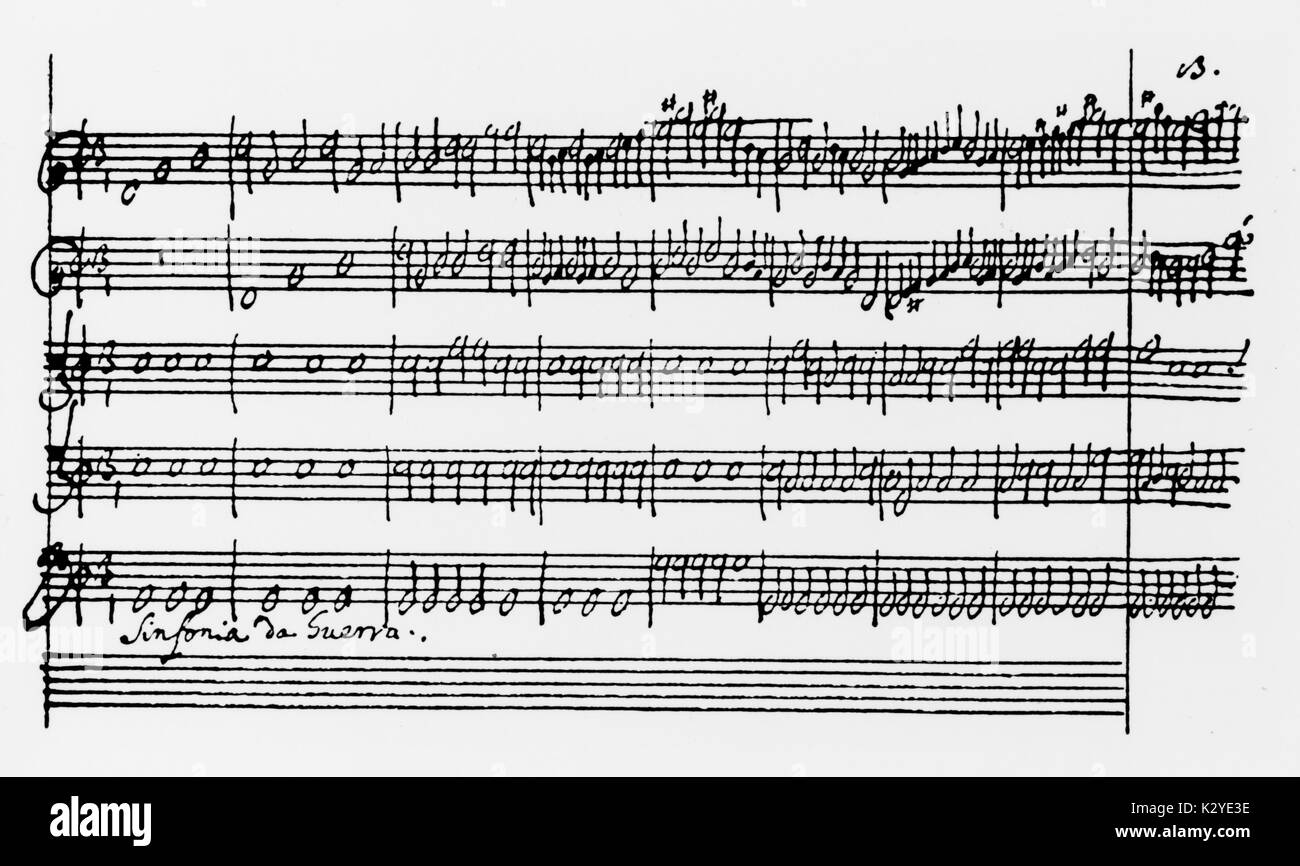 MONTEVERDI punteggio manoscritta del 'Sinfonia da guerra" dalla sua opera, "Il ritorno di Ulisse in patria" (1640). Compositore italiano, 1567-1643 Foto Stock