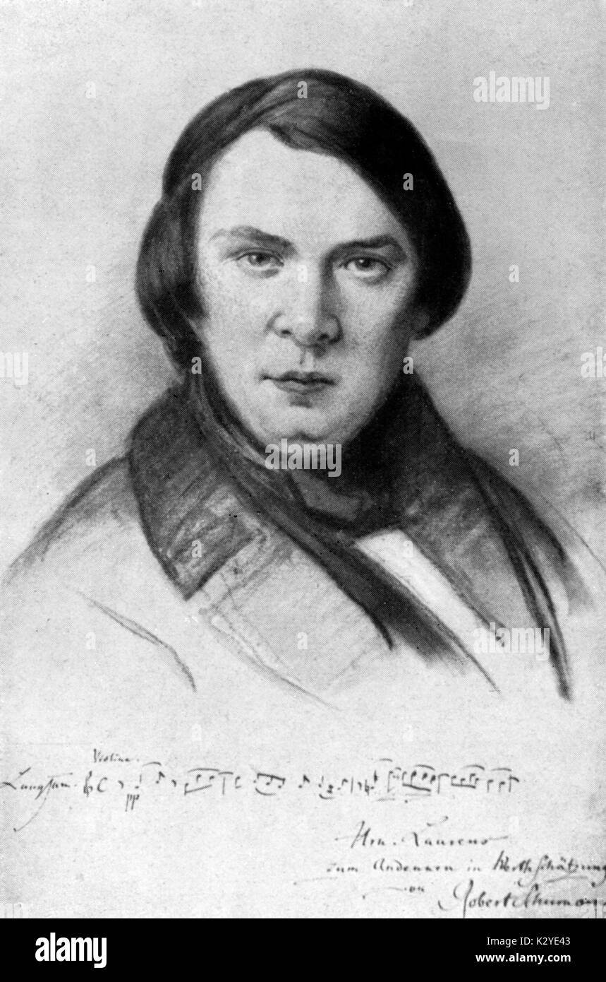 Robert Schumann - ritratto del compositore tedesco con autografo musicale / firma J.J.B. Laurens 1853. 8 Giugno 1810 - 29 Luglio 1856 Foto Stock