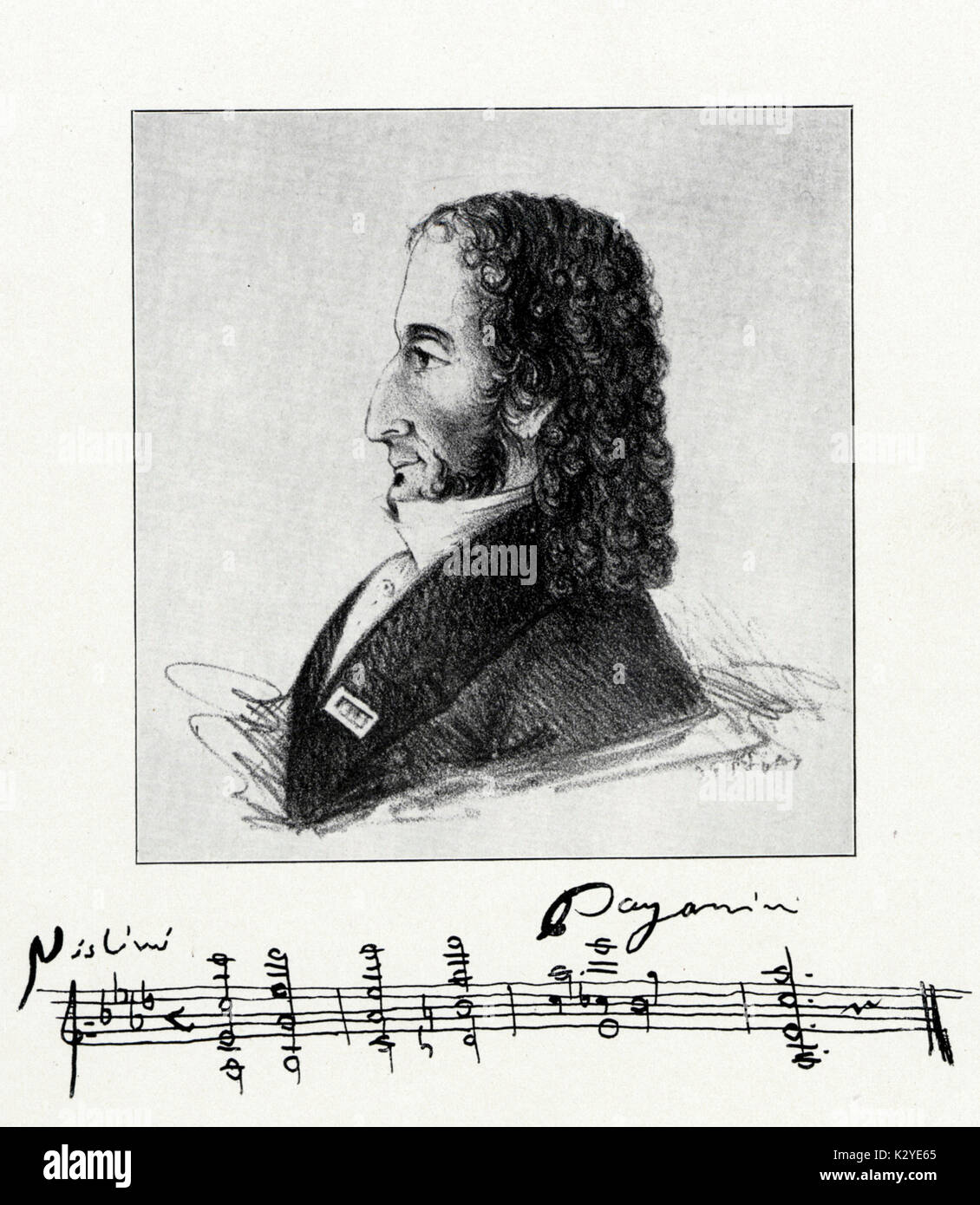PAGANINI, Niccolo, caricatura della testa e autografo punteggio. L'Italiano violinista e compositore 27 Ottobre 1782 - 27 maggio 1840. Foto Stock