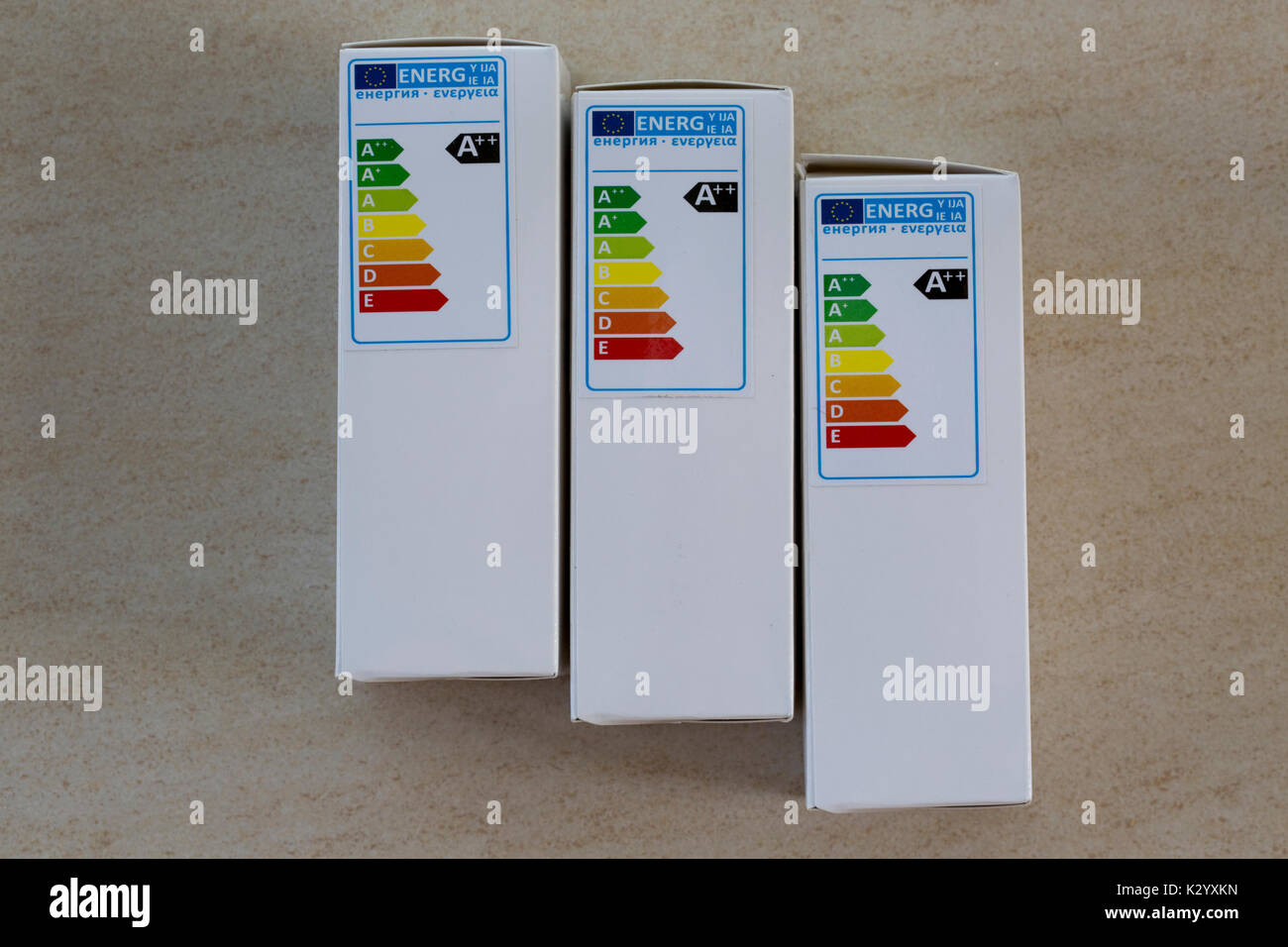 A++ efficienza energetica etichetta sulla lampada LED box UK Foto Stock