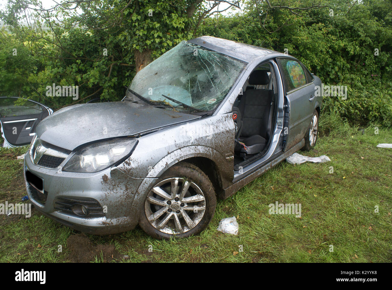 Car crash in albero, ad alto impatto relitto, il traffico stradale collisione (RTC) Foto Stock