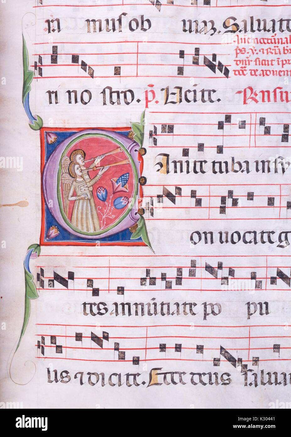 Manoscritto illuminato pagina contenente illustrato foglio di musica con due angeli la soffiatura di corna, dal XV secolo Manoscritto latino libro, 1450. Foto Stock