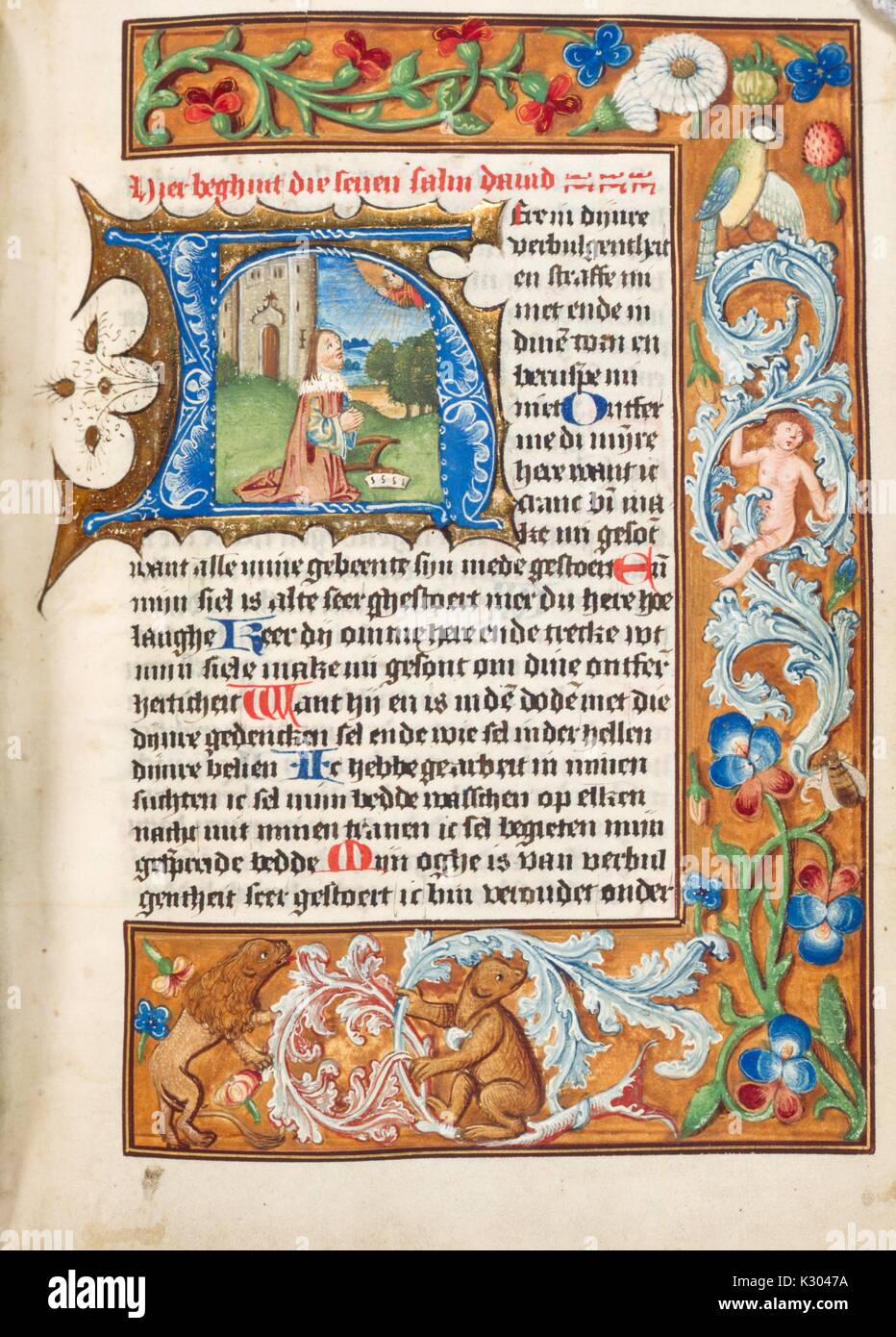 Manoscritto illuminato pagina raffigurante una figura orante, dal XV secolo olandese Libro d Ore, 1495. Foto Stock