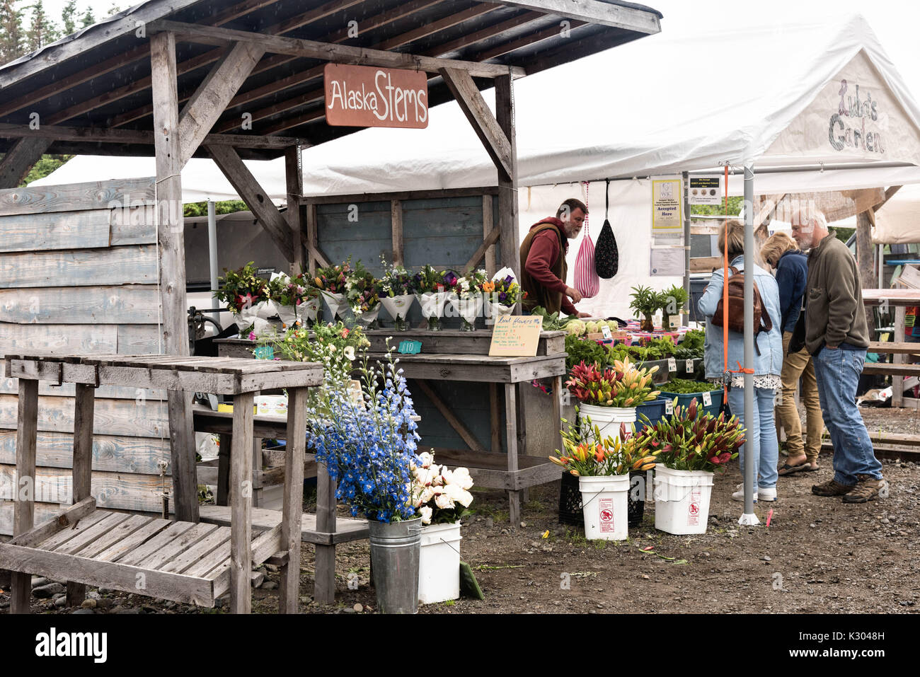 People shopping a due volte a settimana mercato degli agricoltori in Omero, Alaska. Foto Stock