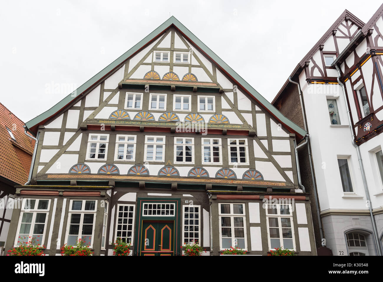 Le facciate storiche nel centro della città di Detmold Foto Stock