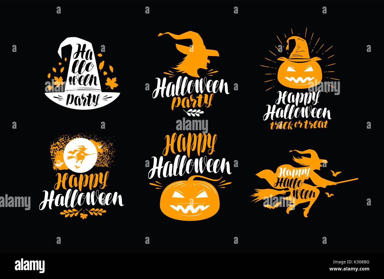 Halloween set di icone o simboli. Lettere manoscritte, calligrafia illustrazione vettoriale Illustrazione Vettoriale