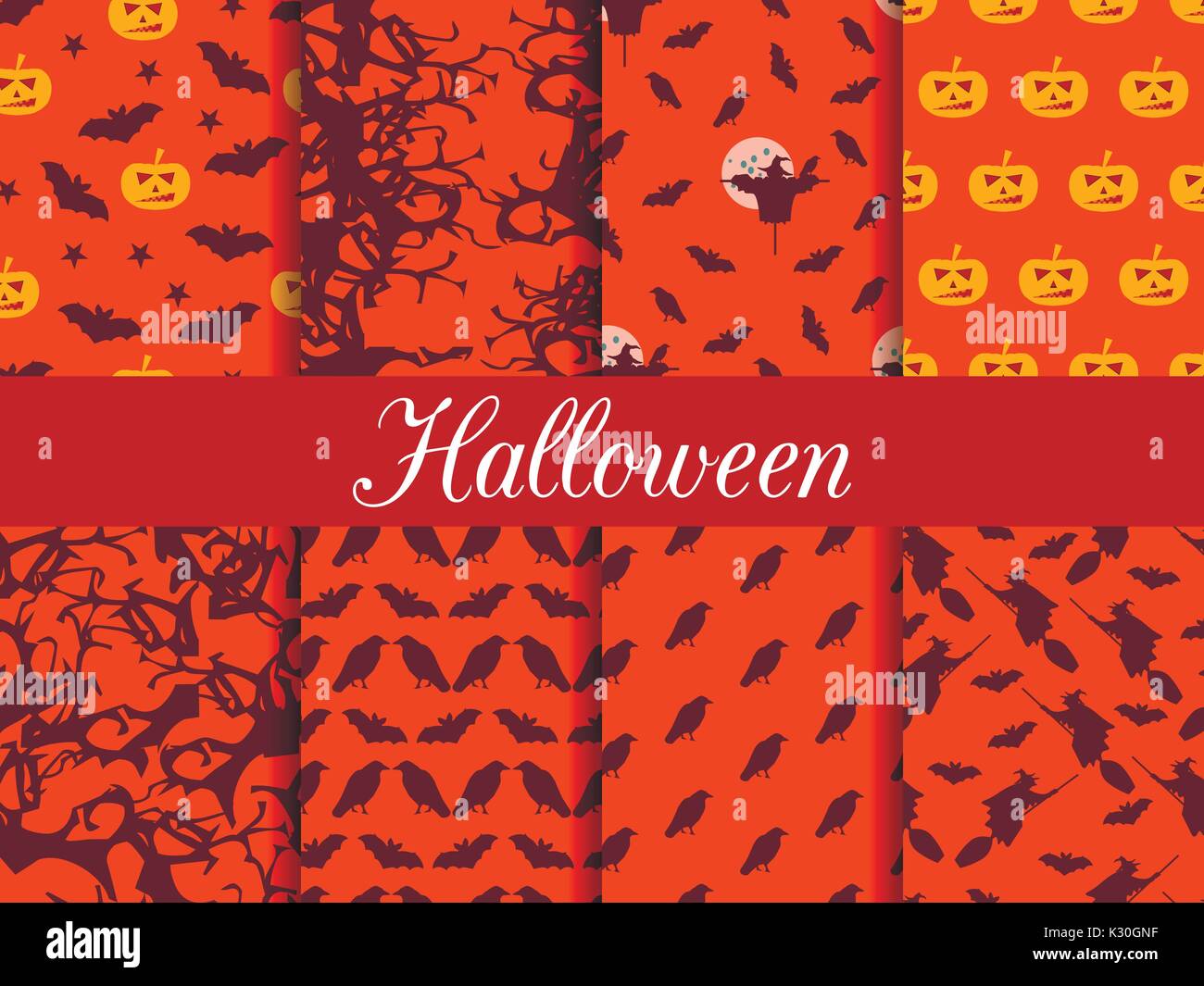 Halloween modelli senza giunture. Modello con jack di lampada, strega con pipistrelli e canta. Illustrazione Vettoriale set. Illustrazione Vettoriale