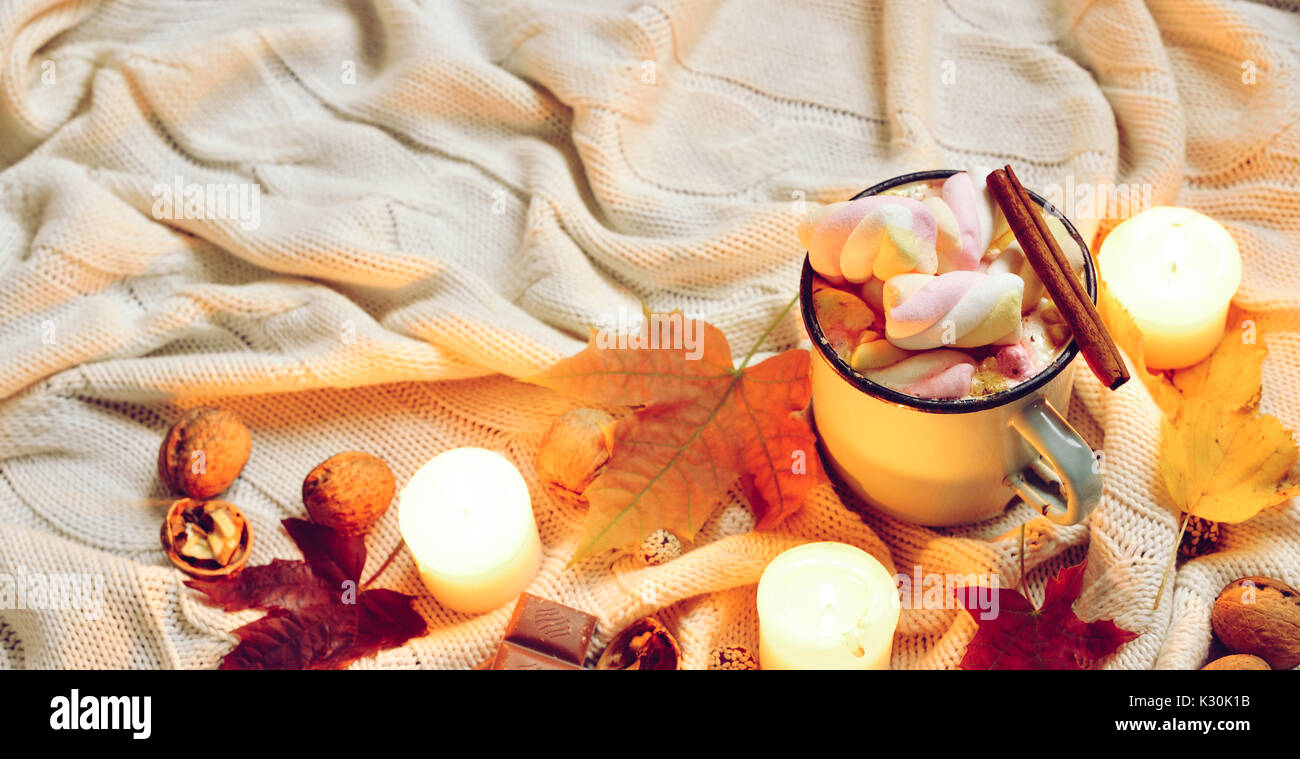 Tonica autunno banner fatta di secche cadono le foglie, tazza di cacao con marshmellows, dadi, cannella, candele sul beige plaid. Vista superiore, piana, laici spazio copia Foto Stock