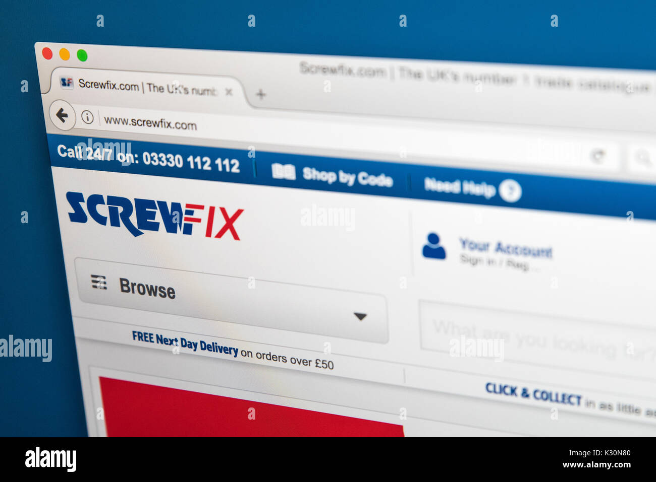 LONDON, Regno Unito - 10 AGOSTO 2017: la homepage del sito ufficiale di ScrewFix, il dettagliante britannico del commercio utensili ed accessori hardware e processo di produ Foto Stock
