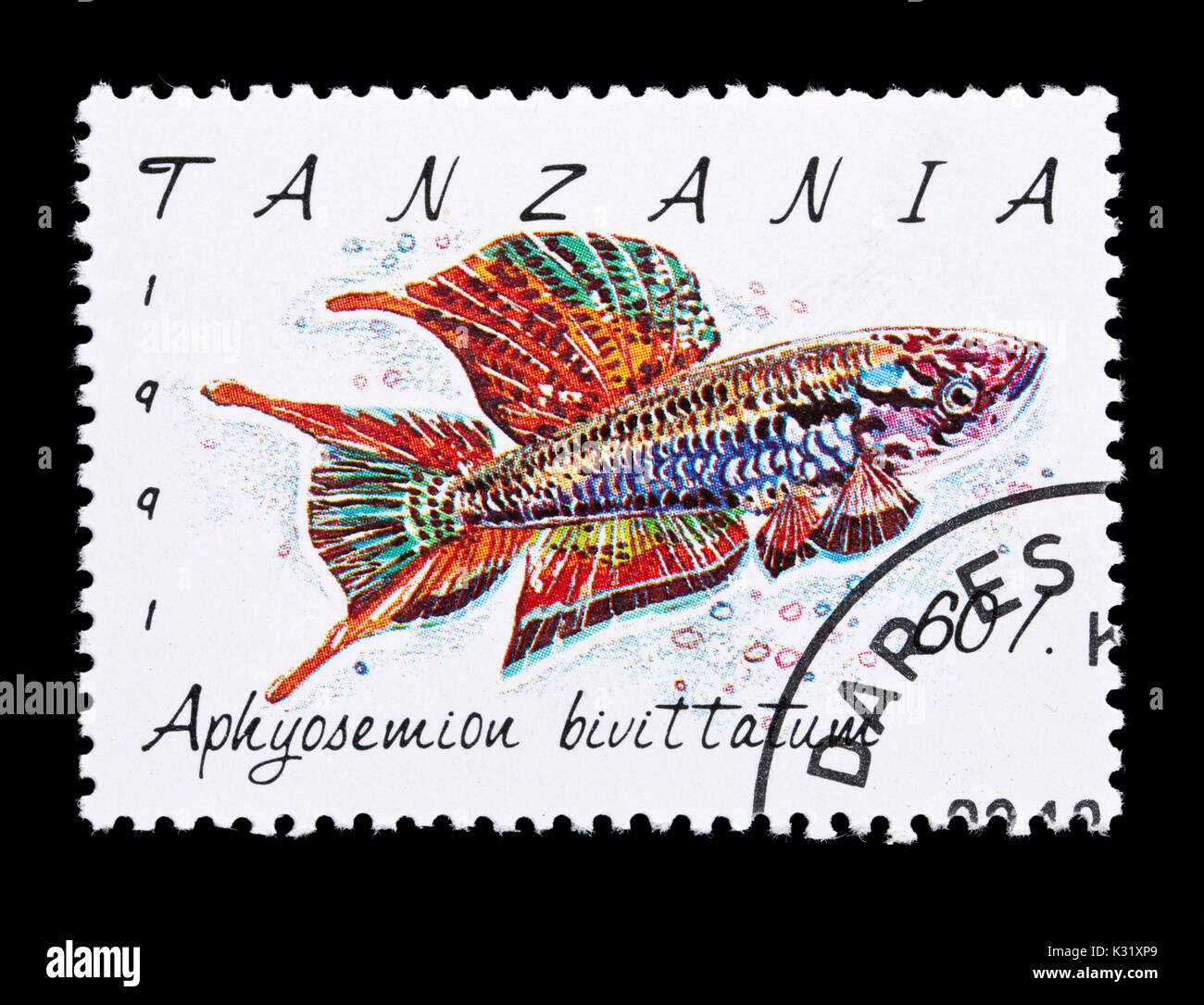 Francobollo dalla Tanzania raffiguranti twostripe lyretail (Aphyosemion bivittatum) Foto Stock
