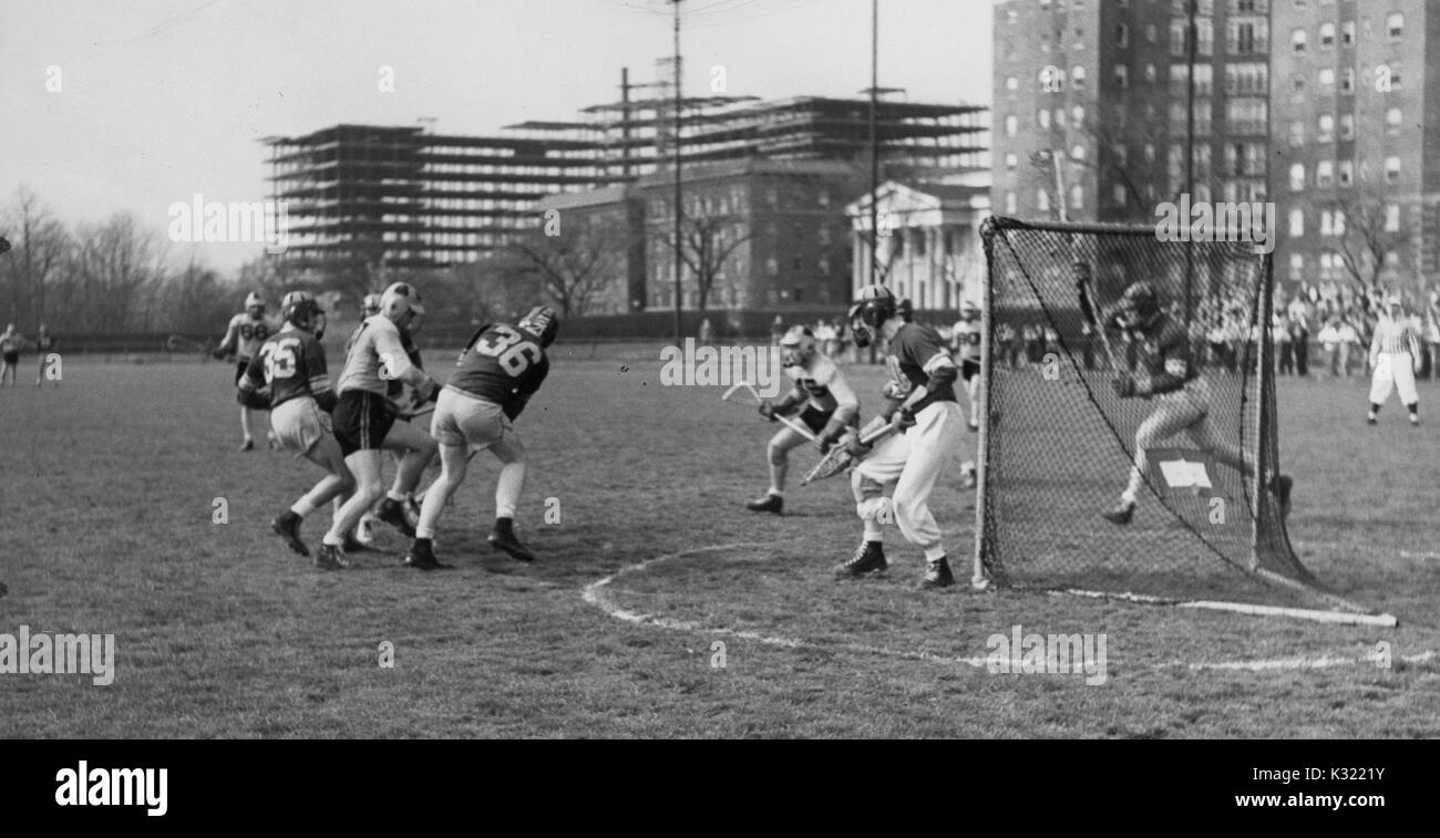 Tonalità seppia azione fotografia durante un uomo lacrosse corrispondono alla Johns Hopkins University, come giocatori di squadre avversarie si affollano i obiettivo e competere per il possesso della palla, Baltimore, Maryland, Giugno 1951. Foto Stock