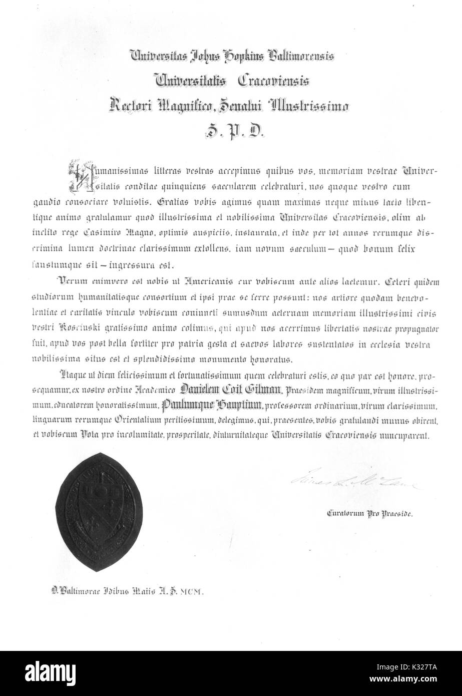 Documento inviato con Paul Haupt, semita studioso e professore presso la Johns Hopkins University, all'Università di Cracovia, 1900. Foto Stock