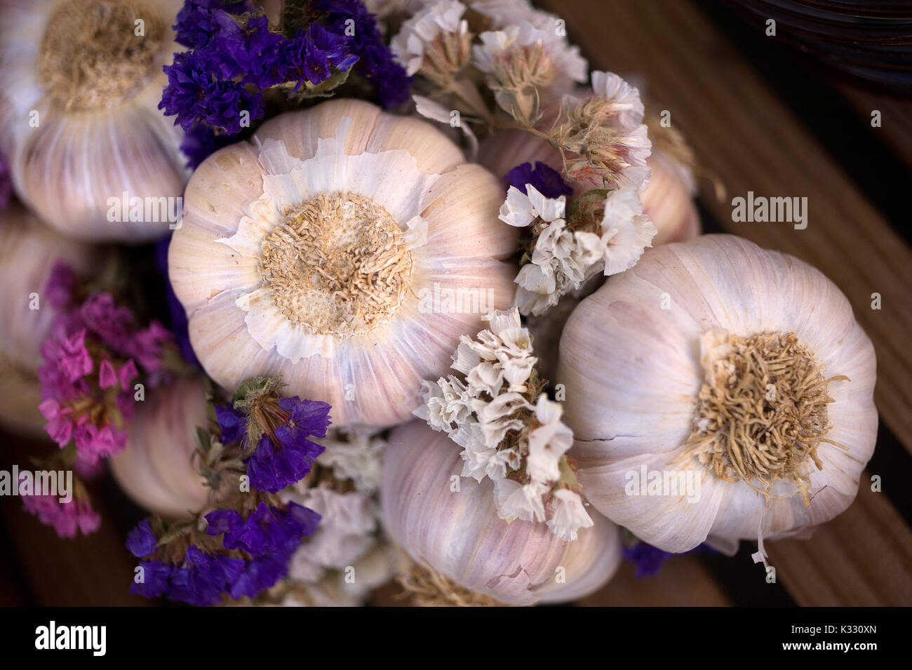 Aglio rosa in street market, Castillonnès, Valle del Lot, Francia Foto Stock
