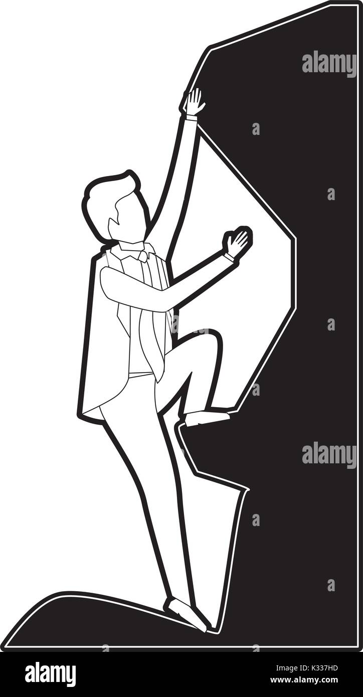 Imprenditore cercando di salire fino alla cima della roccia silhouette nera e contorno spessa Illustrazione Vettoriale