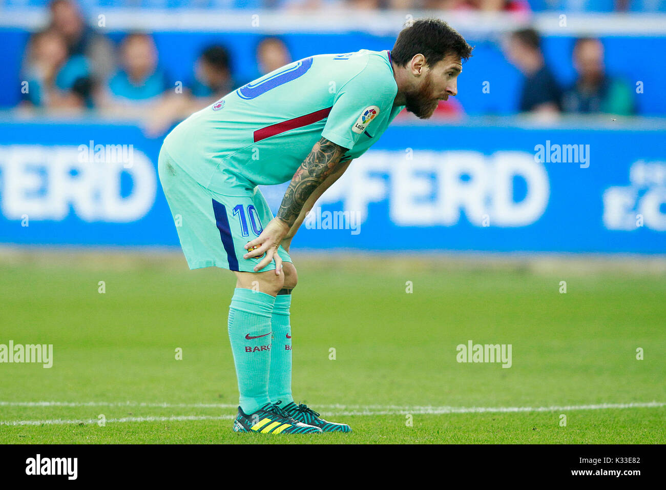 FC Barcellona Leo Messi. Il giocatore argentino è una star del calcio in Spagna e in tutto il mondo. Considerato il migliore di tutti i tempi, lungo con Pele e Maradona Foto Stock