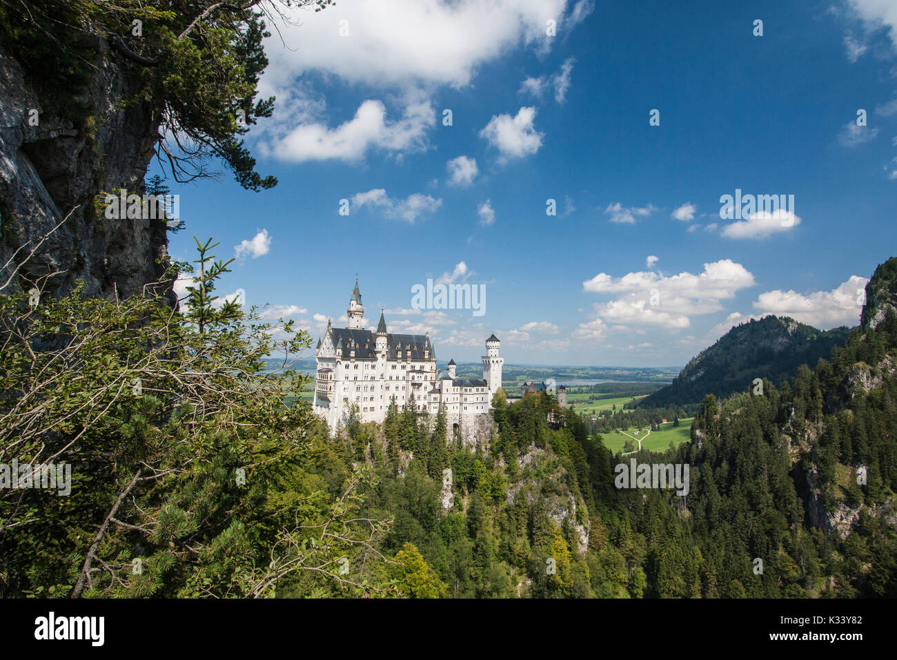 Il castello di Neuschwanstein e circondato da boschi Fussen Baviera Germania del sud Europa Foto Stock