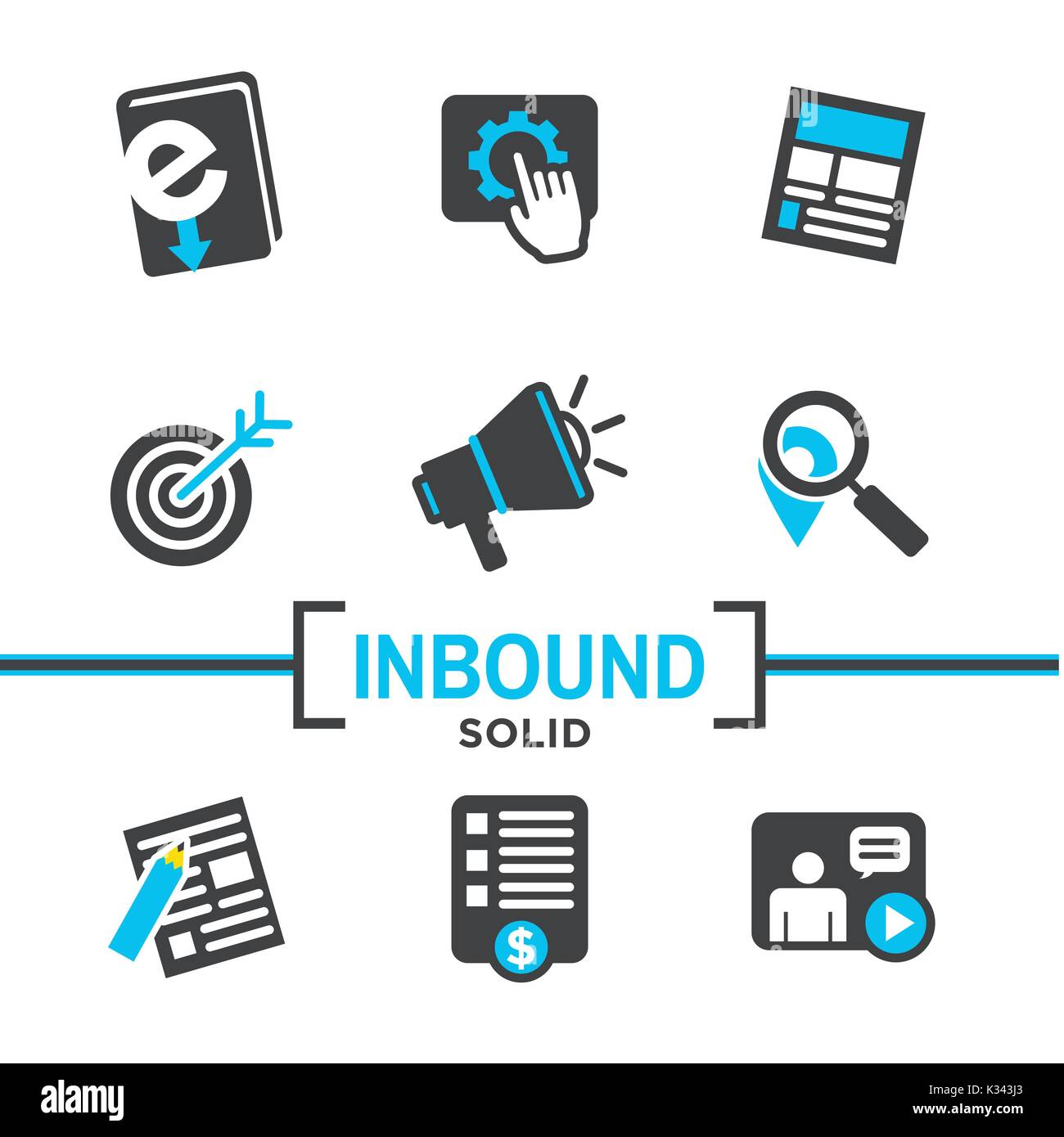 Inbound Marketing icone vettoriali con la crescita, ROI, chiamata all azione, seo, conversione dei lead, social media, attrarre, impegno di marca, i promotori della campagna s Illustrazione Vettoriale