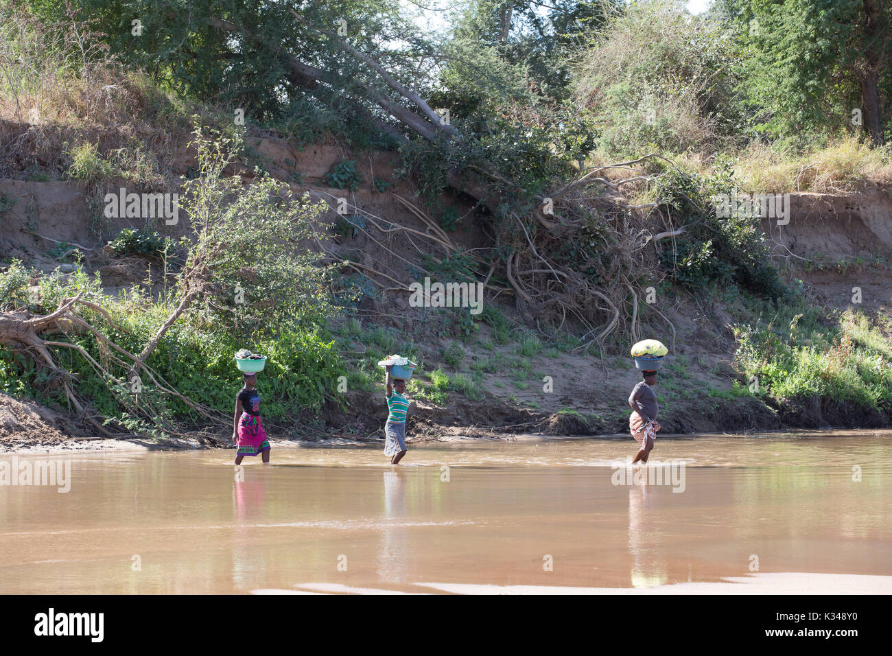 Tre donne locali attraversando il fiume Limpopo a piedi il bilanciamento di un bacino grande sulle loro teste portanti il lavaggio Foto Stock