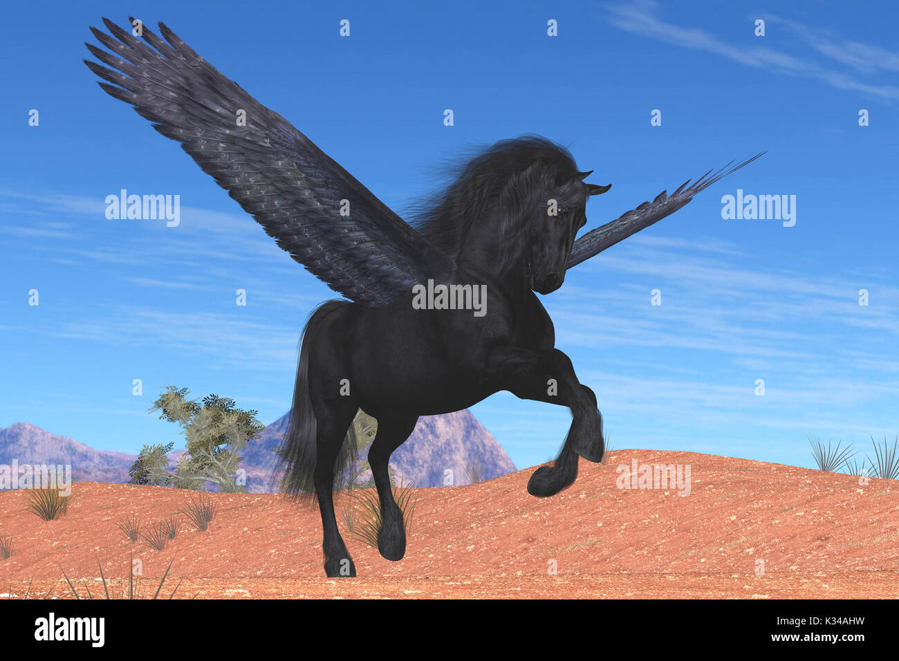 Un mitico pegasus con un bel satin nero cappotto sorge nel cielo il potente batte ala. Foto Stock