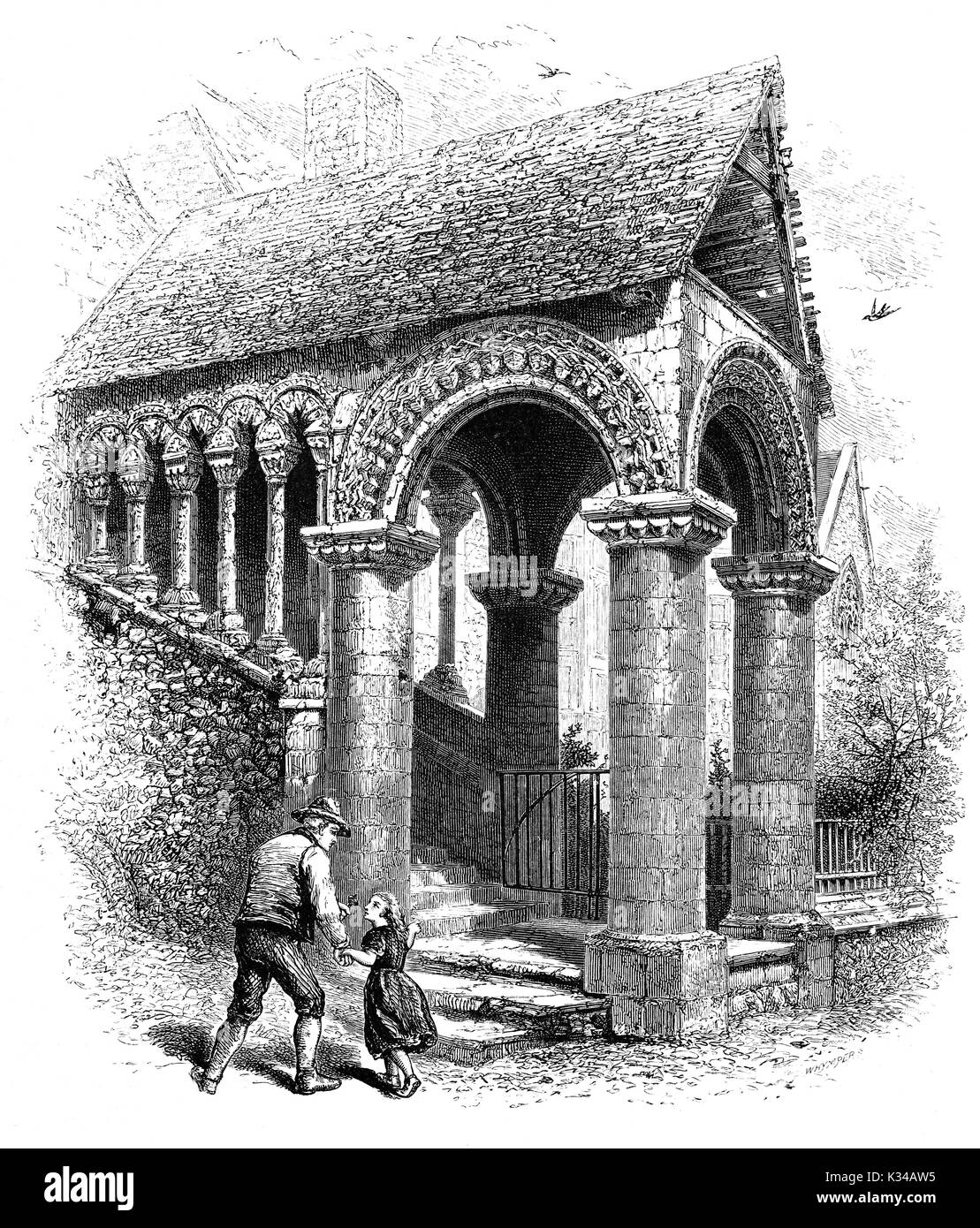 1870: la voce di Norman scala è stata costruita intorno al 1160, al tempo della prima Wibert, si può ragionevolmente sostenere di essere meglio conservati di Norman scalinata in Inghilterra. Esso originariamente dava accesso alla hall alta (noto anche come aula Nova, North Hall o Hog Hall), una guest house per i visitatori di pellegrino. La Cattedrale di Canterbury, nel Kent, Inghilterra Foto Stock