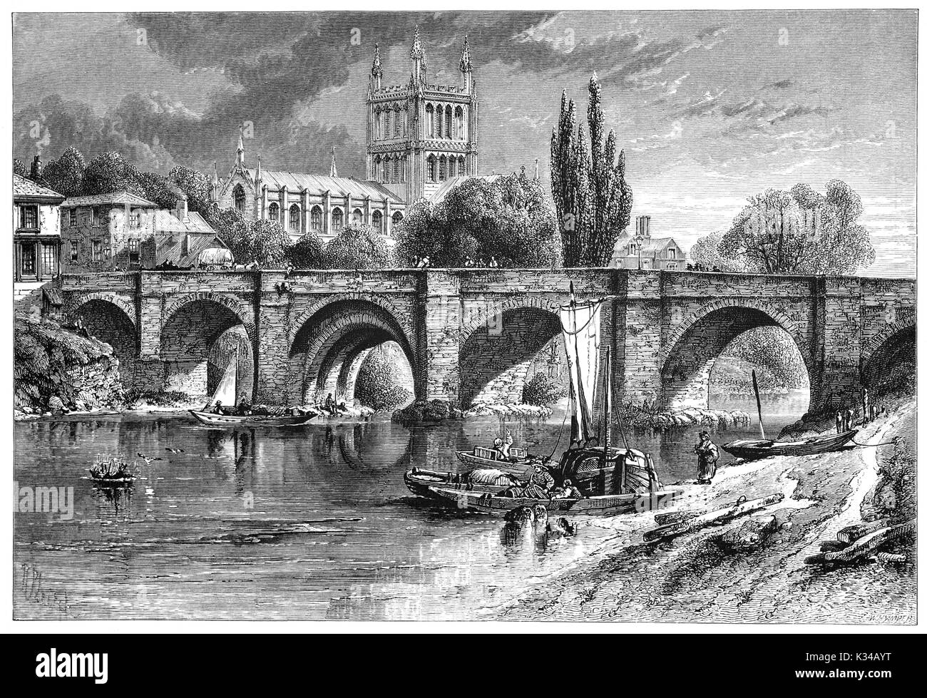 1870: attività fluviale sul fiume Wye al di sotto del ponte di Wye con la Cattedrale di Hereford al di là. Esso risale al 1079 e il suo più famoso tesoro è Mappamondo, una mappa medievale del mondo risalente al XIII secolo. Herefordshire, Inghilterra. Foto Stock