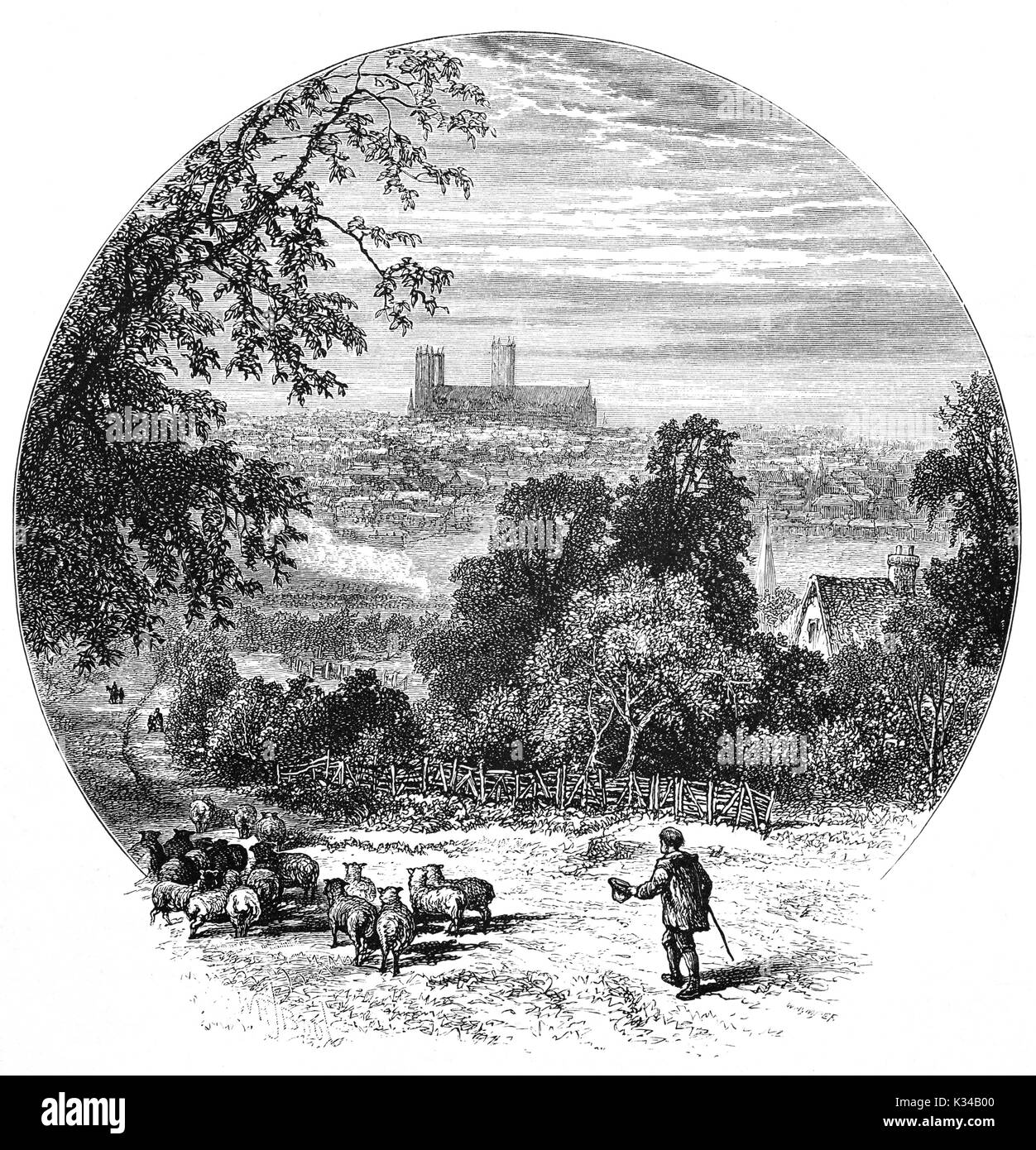 1870: Pastore e gregge sulla collina Canwick affacciato sulla Cattedrale di Lincoln o la chiesa cattedrale della Beata Vergine Maria di Lincoln e talvolta la Cattedrale di Santa Maria. Edificio in stile Gotico è iniziata nel 1088 e proseguita in varie fasi durante tutto il periodo medievale, Lincolnshire, Inghilterra Foto Stock