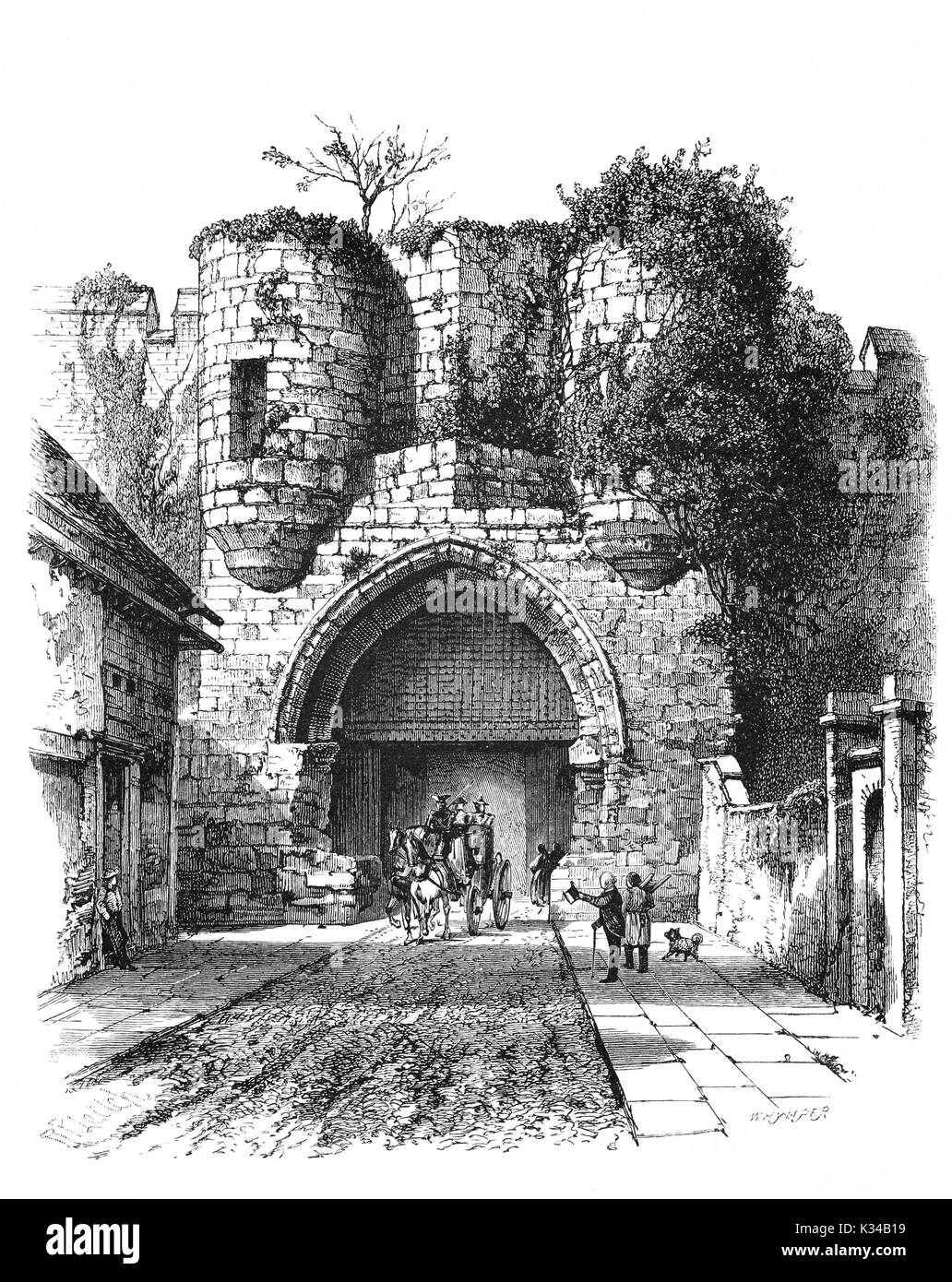 1870: Cavallo e Carrozza lasciando attraverso la porta est del Lincoln Castle, uno dei più imponenti castelli normanni nel Regno Unito. Esso è stato costruito durante la fine del XI secolo da Guglielmo il Conquistatore sul sito di una preesistente fortezza romana. Lincolnshire, Inghilterra Foto Stock