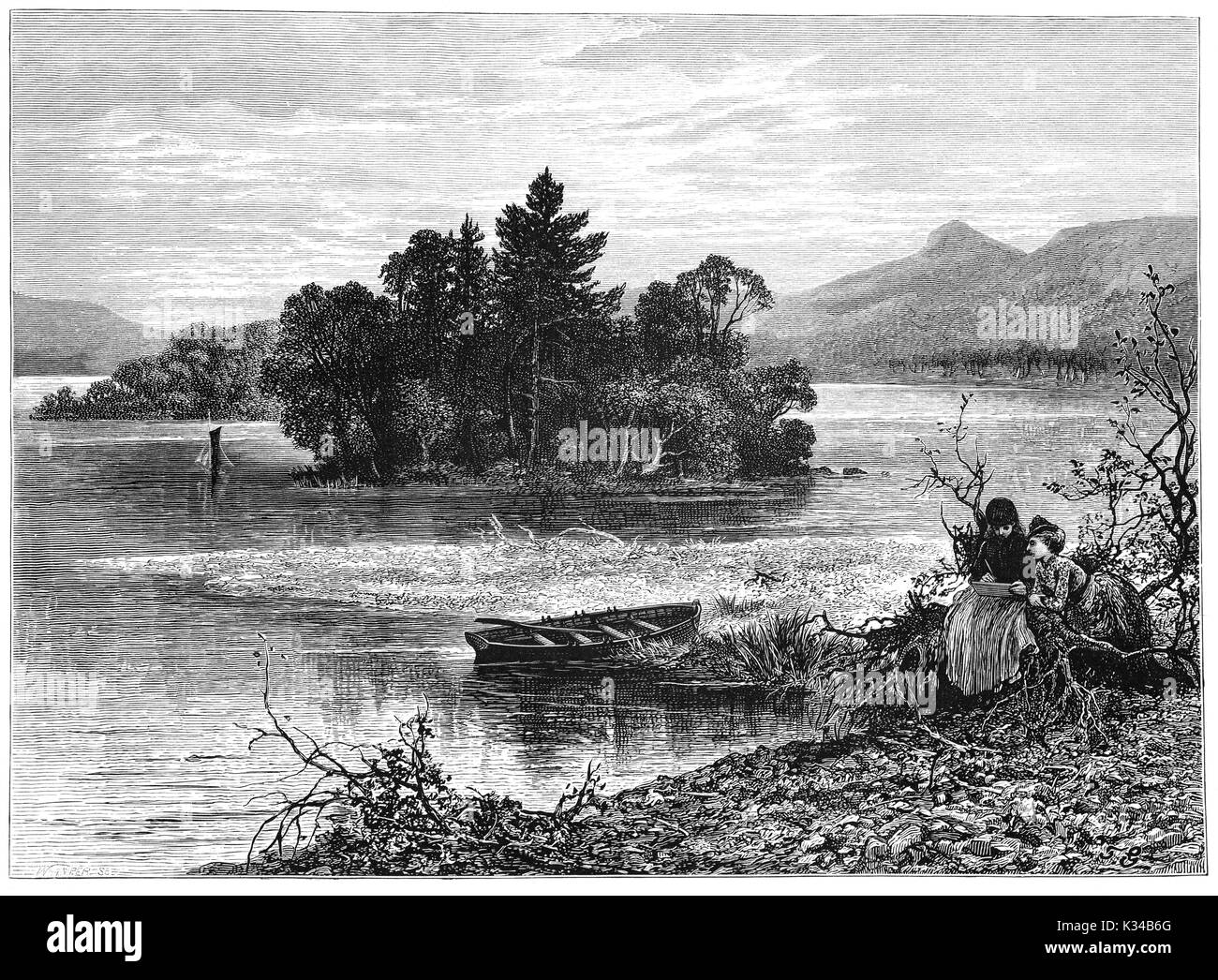 1870: un artista e amico, schizzi sul filamento di argento sul Loch Katrine, un laghetto di acqua dolce loch e scenic attrazione per il Trossachs area delle Highlands Scozzesi. È ora di proprietà di acqua scozzese, ed è stato il principale serbatoio di acqua per gran parte della città di Glasgow e le sue aree circostanti fin dal 1859, Stirling, Scozia Foto Stock