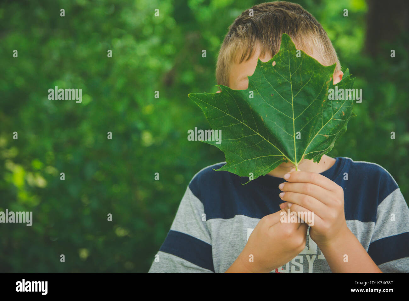 Un giovane ragazzo detiene una foglia verde nella parte anteriore del suo volto. Foto Stock