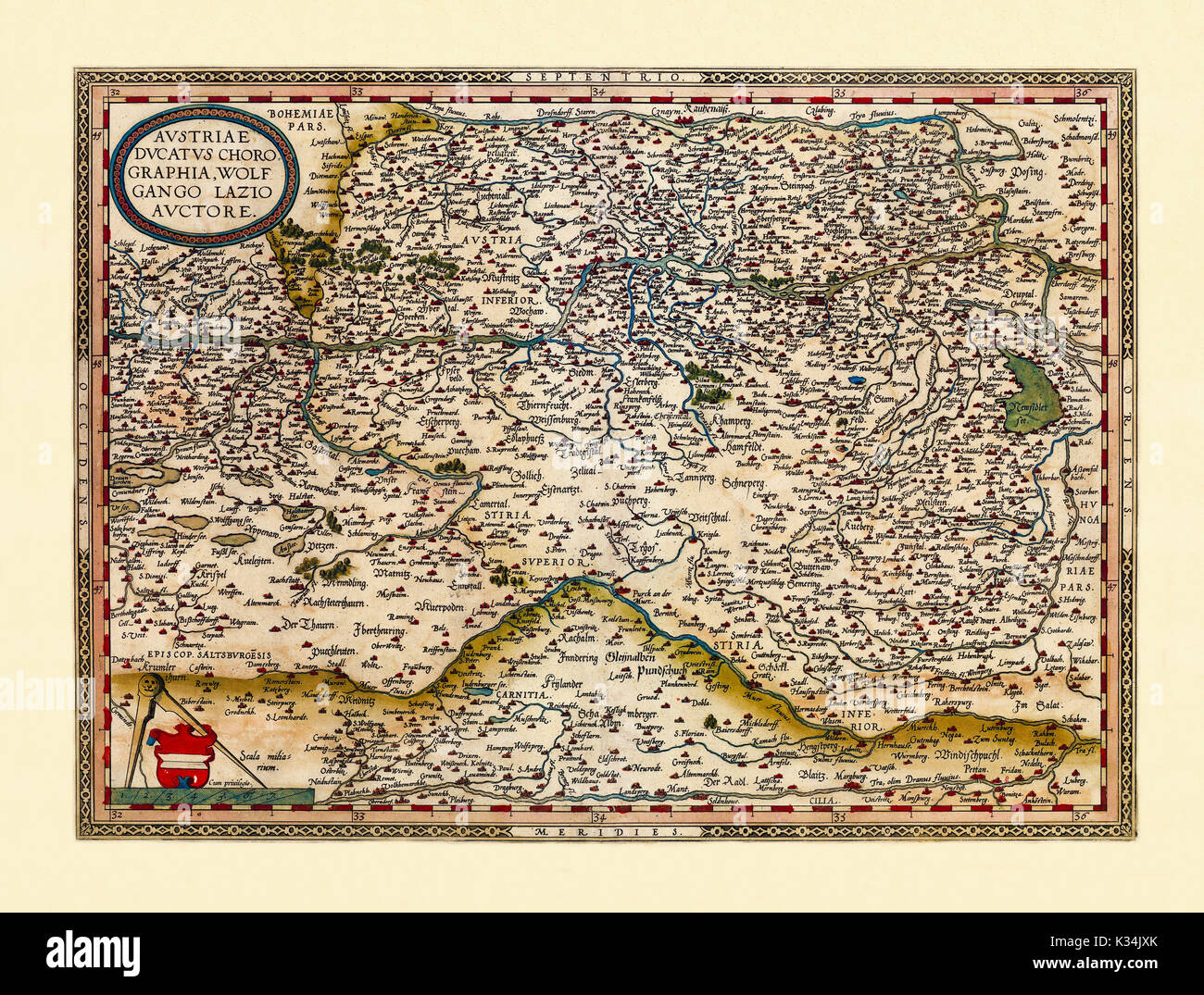 Mappa vecchia dell'Austria. Stato di conservazione ottimo realizzato in stile antico. Tutta la composizione grafica è all'interno di un telaio. Da Ortelius, Theatrum Orbis Terrarum, Anversa, 1570 Foto Stock