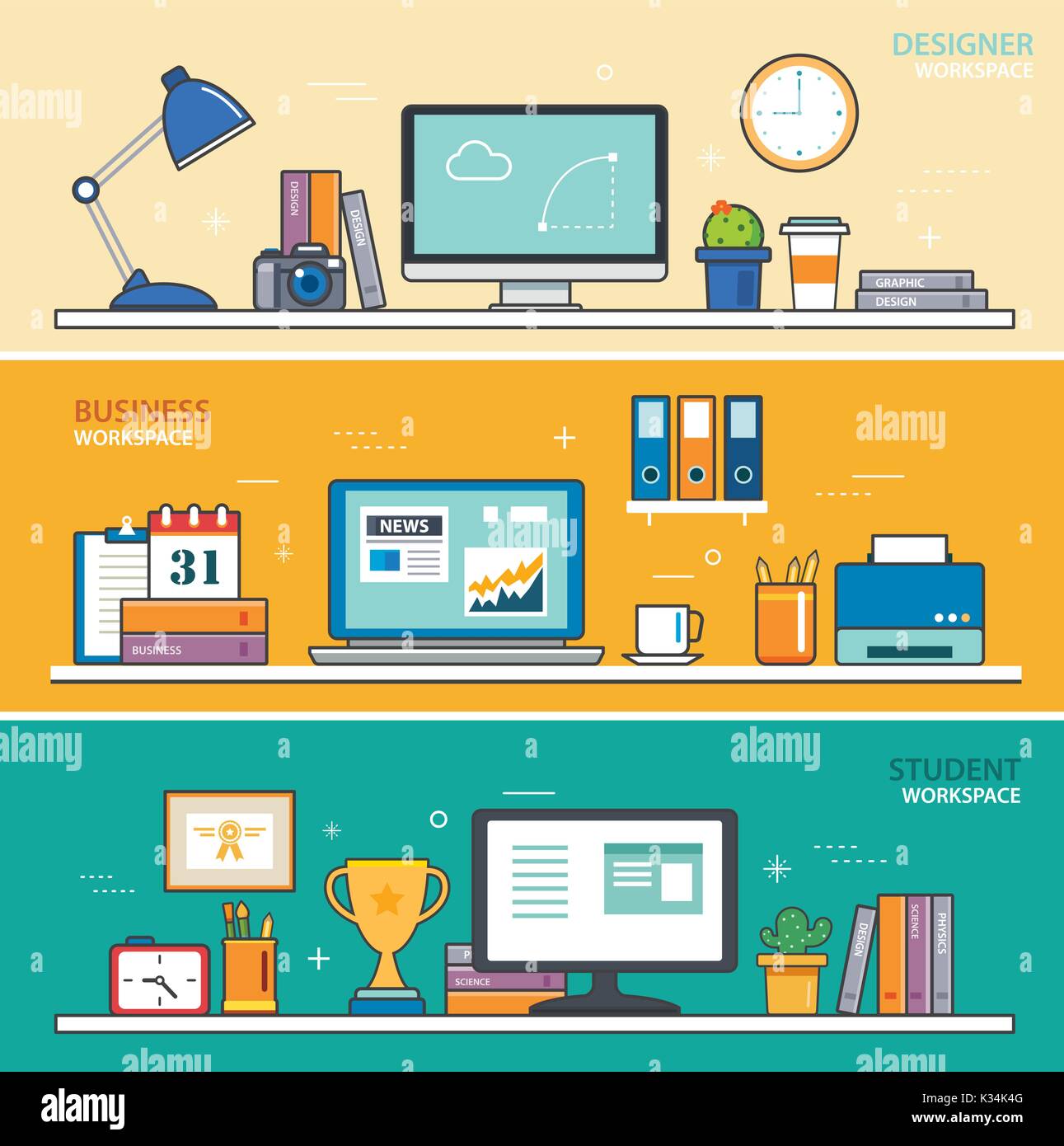 Set di linea sottile design piatto workspace. designer,azienda,studente Illustrazione Vettoriale