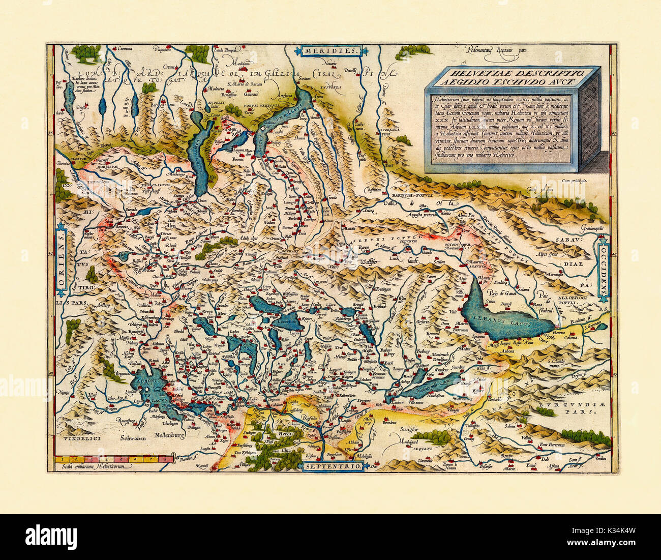 Vecchia cartina della Svizzera. Stato di conservazione ottimo realizzato in stile antico. Tutta la composizione grafica è all'interno di un telaio. Da Ortelius, Theatrum Orbis Terrarum, Anversa, 1570 Foto Stock