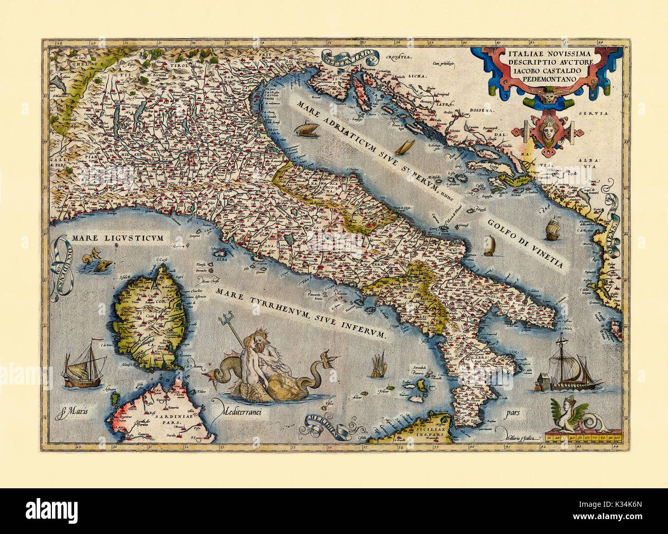Mappa vecchia d'Italia. Stato di conservazione ottimo realizzato in stile antico. Tutta la composizione grafica è all'interno di un telaio. Da Ortelius, Theatrum Orbis Terrarum, Anversa, 1570 Foto Stock