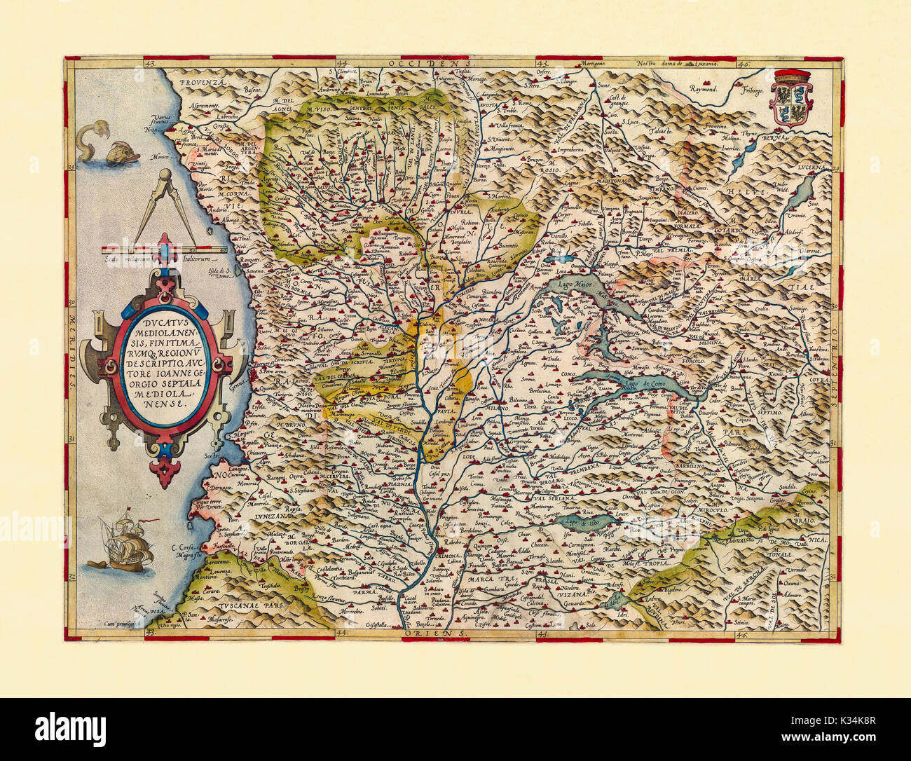 Vecchia cartina dettagliata della Lombardia, Italia. Stato di conservazione ottimo realizzato in stile antico. Tutta la composizione grafica è all'interno di un telaio. Da Ortelius, Theatrum Orbis Terrarum, Anversa, 1570 Foto Stock