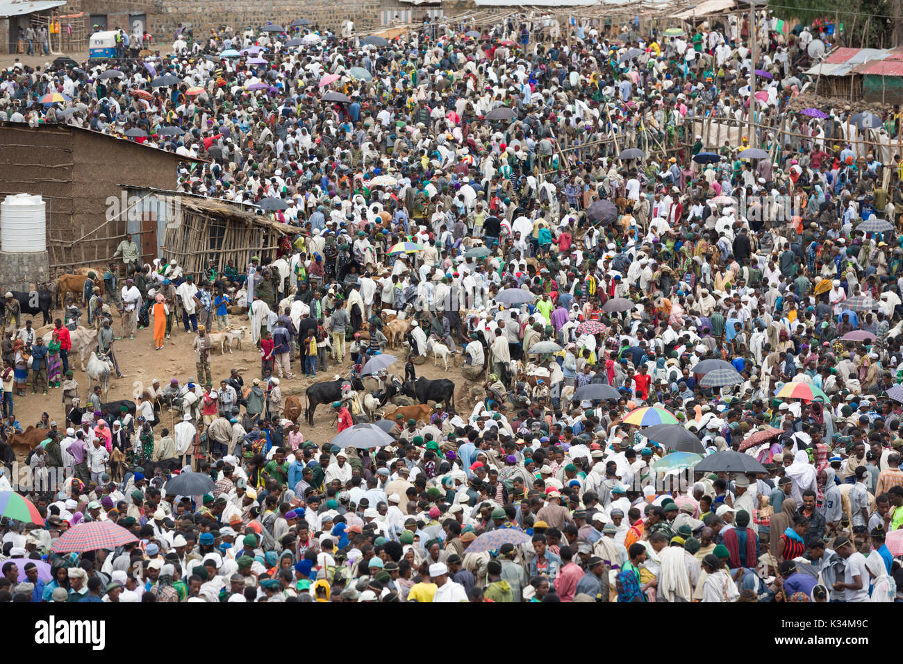 Folli folle al mercato all'aperto tenuto il sabato santo ortodosso etiopico Tewahedo per comprare cibo e celebrare la fine del periodo di quaresima, Lalibela, Amhara, Etiopia Foto Stock