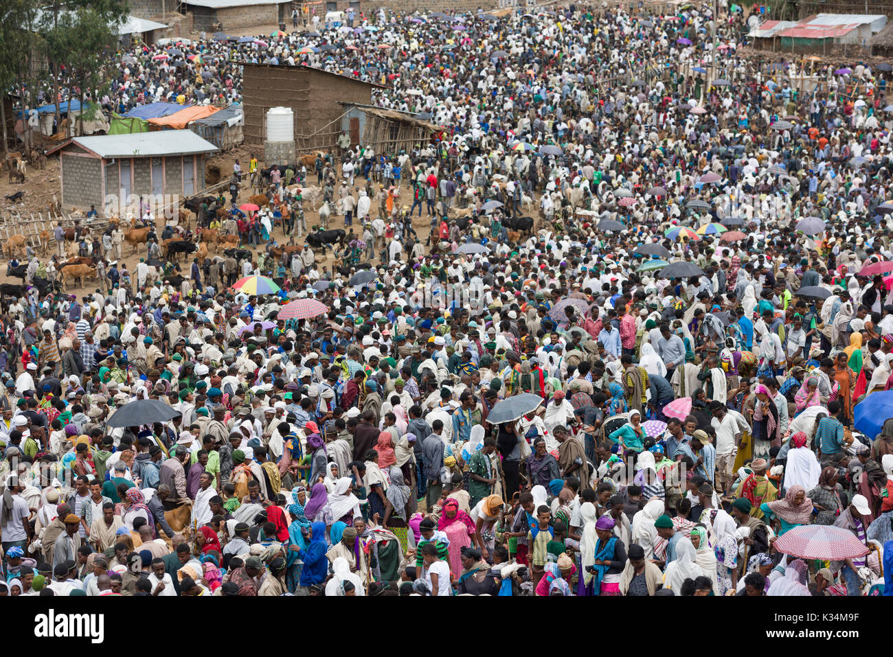 Folli folle al mercato all'aperto tenuto il sabato santo ortodosso etiopico Tewahedo per comprare cibo e celebrare la fine del periodo di quaresima, Lalibela, Amhara, Etiopia Foto Stock