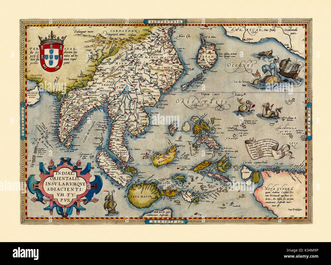 Mappa vecchia del sud-est asiatico. Stato di conservazione ottimo realizzato in stile antico. Tutta la composizione grafica è all'interno di un telaio. Da Ortelius, Theatrum Orbis Terrarum, Anversa, 1570 Foto Stock