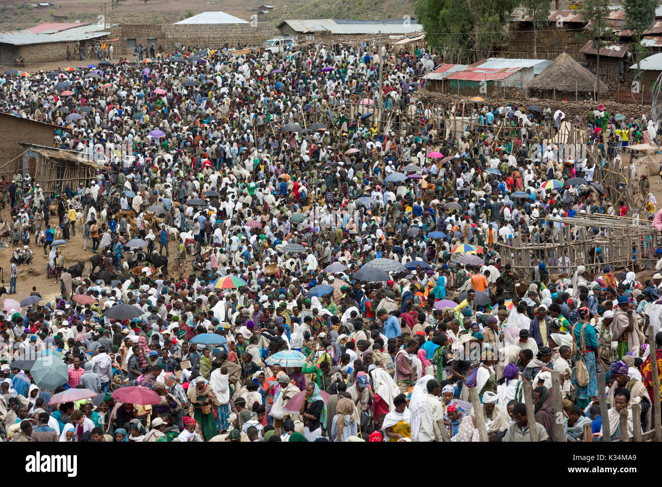 Folli folle al mercato all'aperto tenuto il sabato santo ortodosso etiopico Tewahedo per comprare cibo e celebrare la fine del periodo di quaresima, Lalibela, Amhara, Etiopia Foto Stock