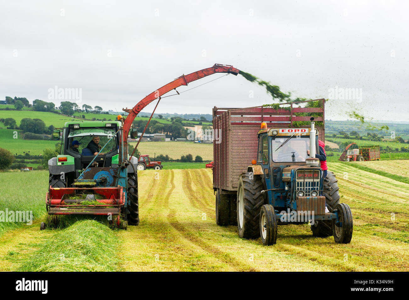 Vintage i trattori e i macchinari dare una dimostrazione di insilato in Ballinascarthy, West Cork, Irlanda. Foto Stock