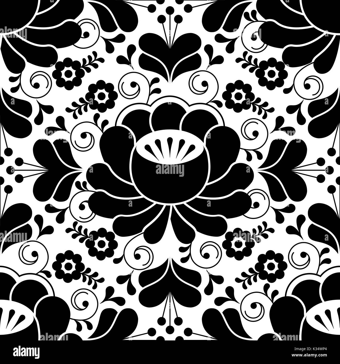 Il russo seamless pattern folk e tradizionale design in bianco e nero con fiori Illustrazione Vettoriale Il russo seamless pattern folk e tradizionale design in bianco e nero con fiori Illustrazione Vettoriale