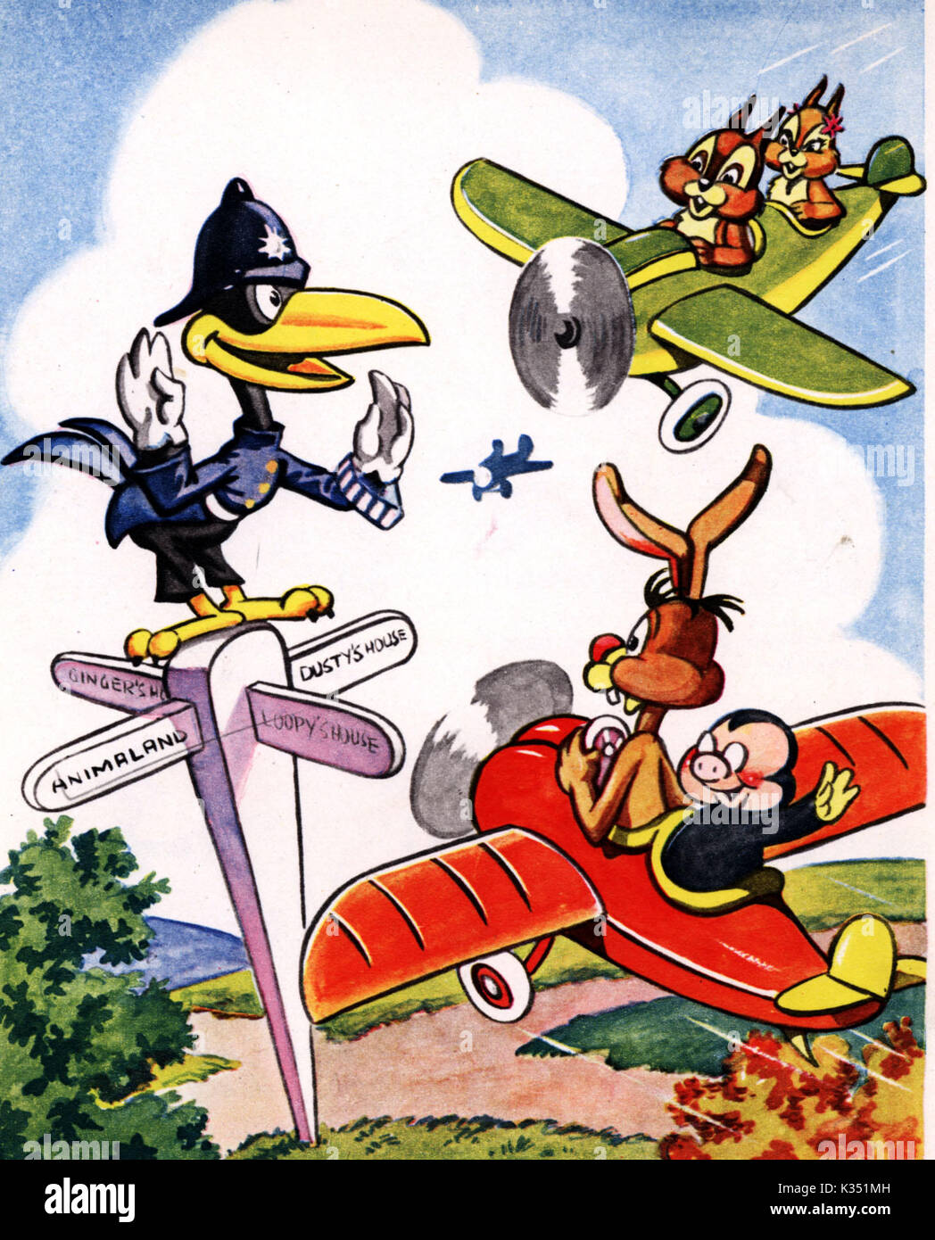 Gli aerei IN ANIMALAND banale Crow come un poliziotto del traffico, verde piano occupato da zenzero e Hazel Nutt, rosso piano occupato da Loopy Lepre e polverosa Mole Foto Stock