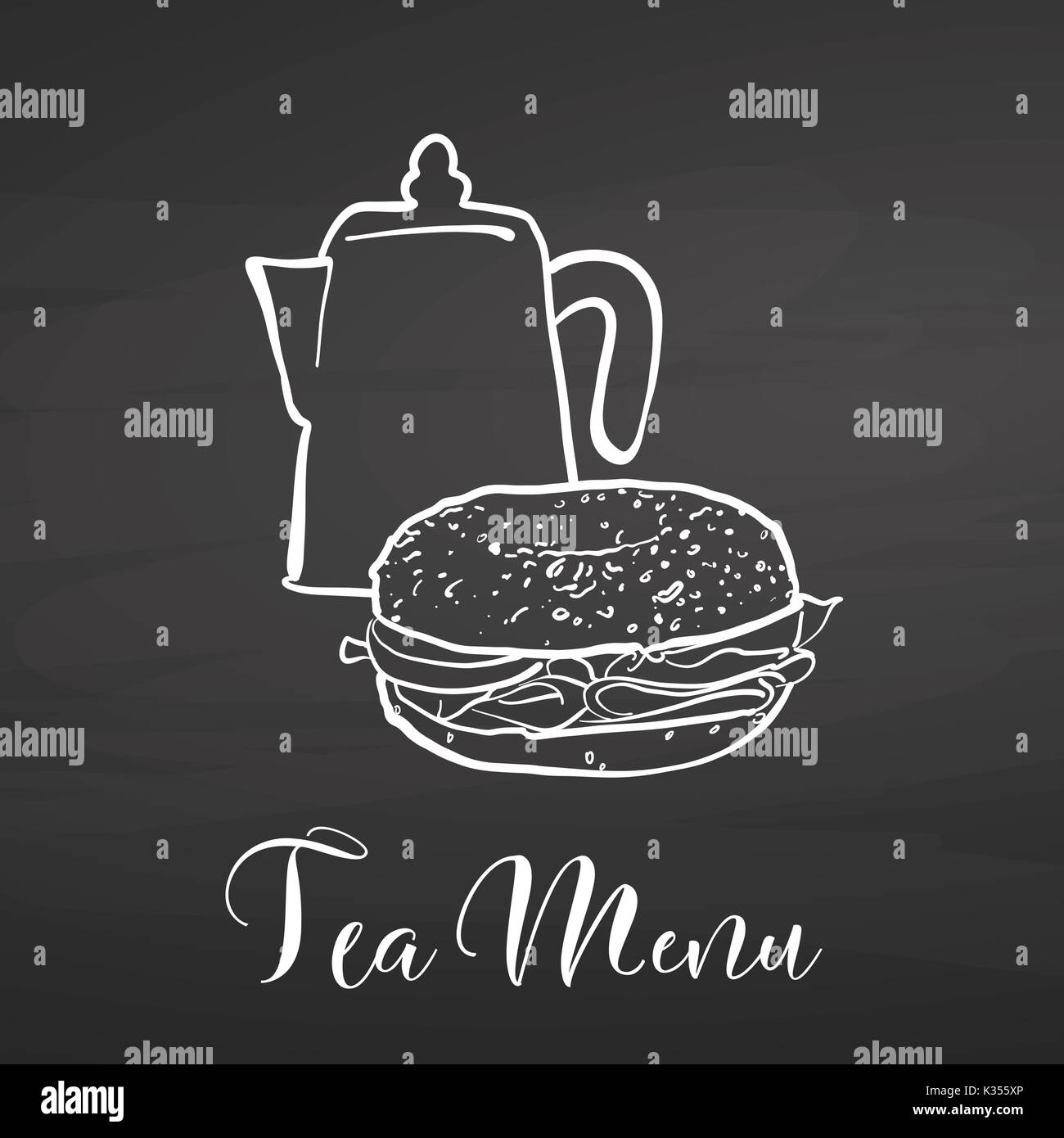 Menu di tè con bagel sulla lavagna. disegnati a mano il cibo sano schizzo in bianco e nero per il disegno vettoriale sulla lavagna. Illustrazione Vettoriale