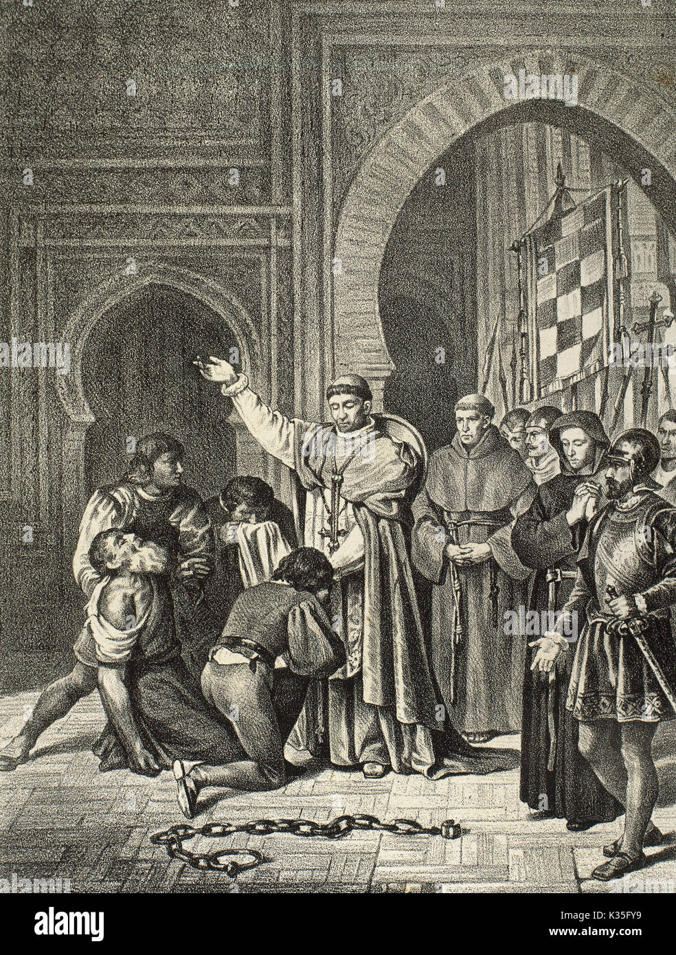 La conquista spagnola di Oran, 17 maggio 1509, dalla monarchia ispanico quando un esercito guidato da Pedro Navarro (1460-1528) a nome del Cardinale Cisneros (1436-1517) sequestrati nord-città africana, che è stato controllato dai mori di Tlemcen. Incisione. Foto Stock